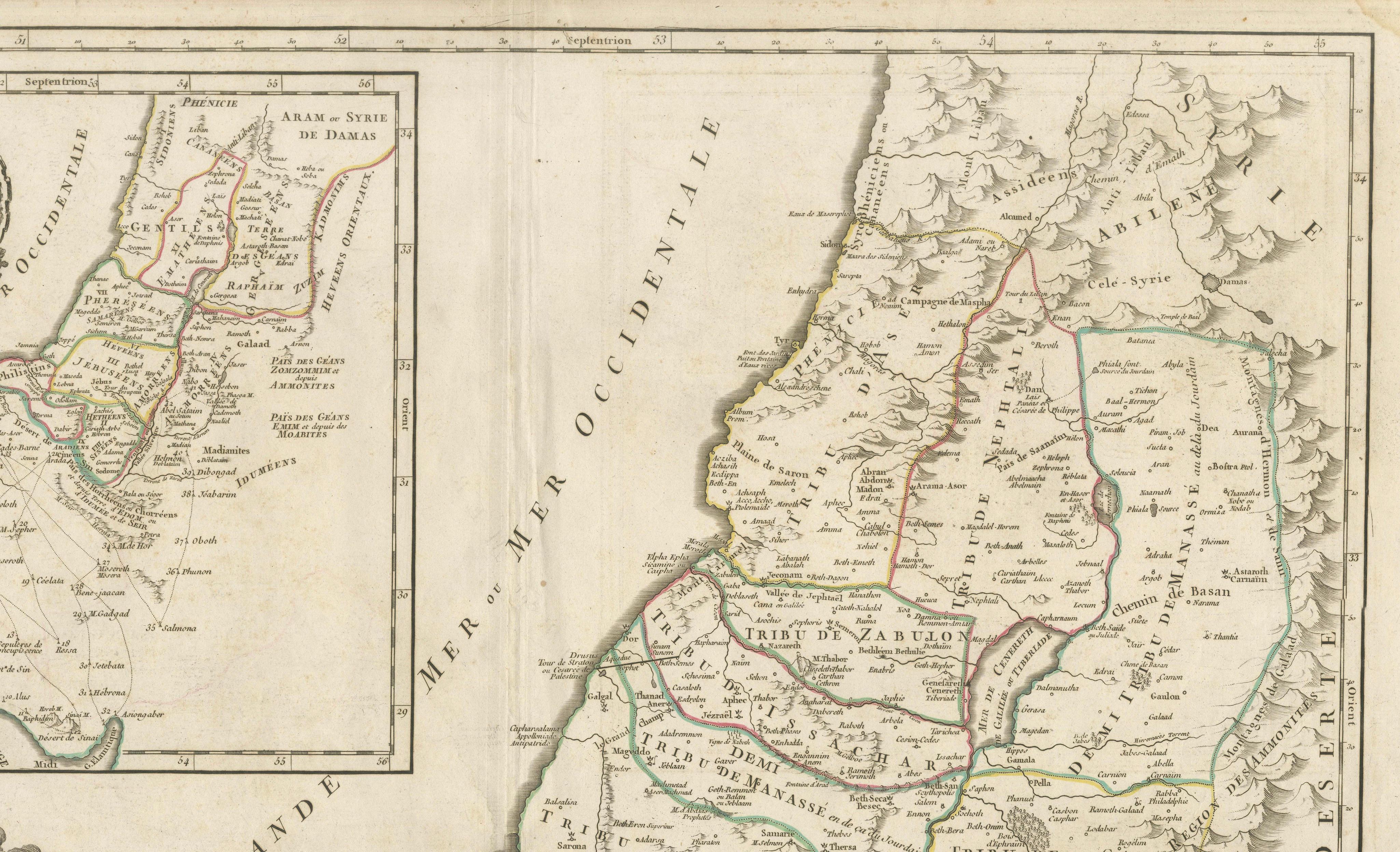 Antique French Map of the Holy Land, Twelve Tribes of Israel, c.1750