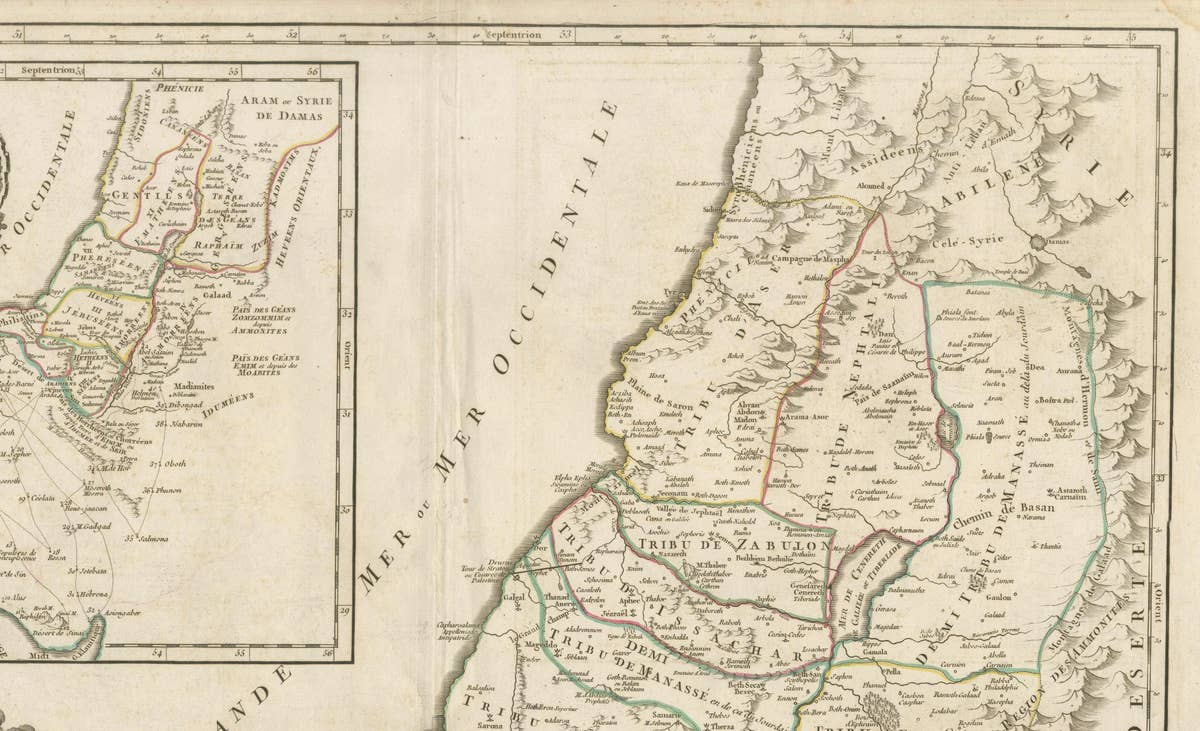 Antique French Map of the Holy Land, Twelve Tribes of Israel, c.1750