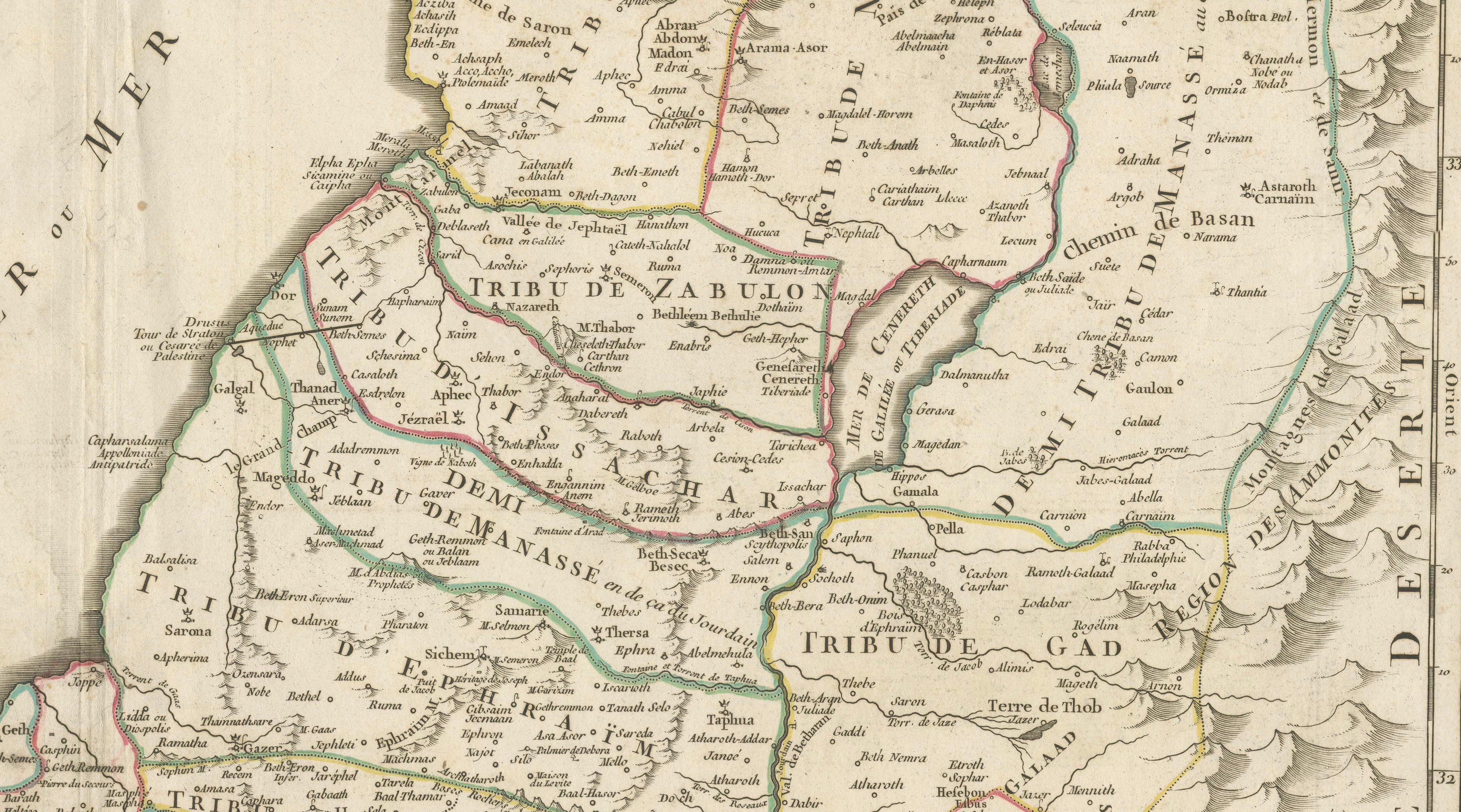Antique French Map of the Holy Land, Twelve Tribes of Israel, c.1750