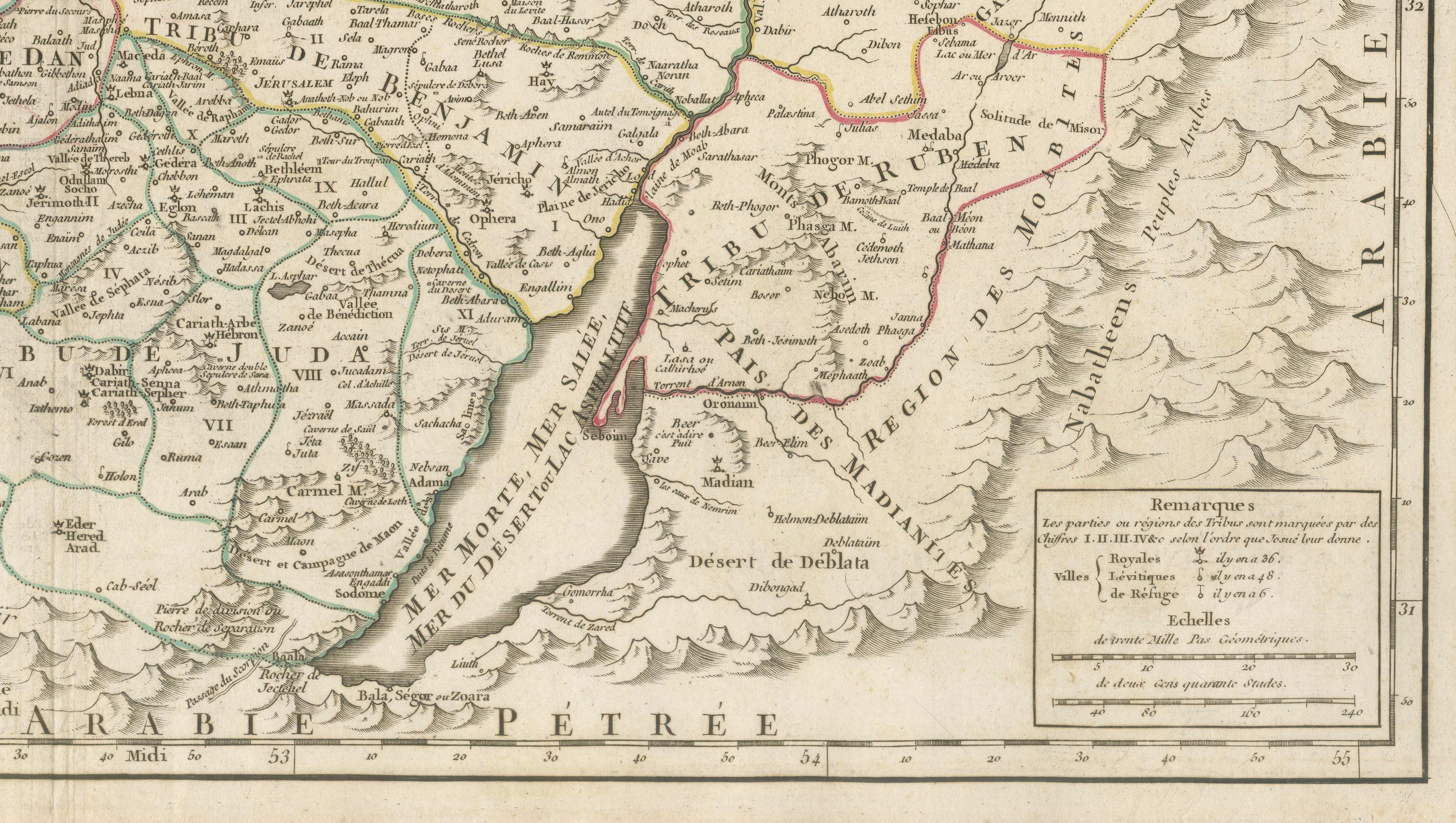 Antique French Map of the Holy Land, Twelve Tribes of Israel, c.1750