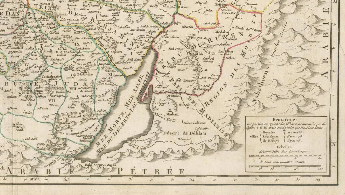 Antique French Map of the Holy Land, Twelve Tribes of Israel, c.1750