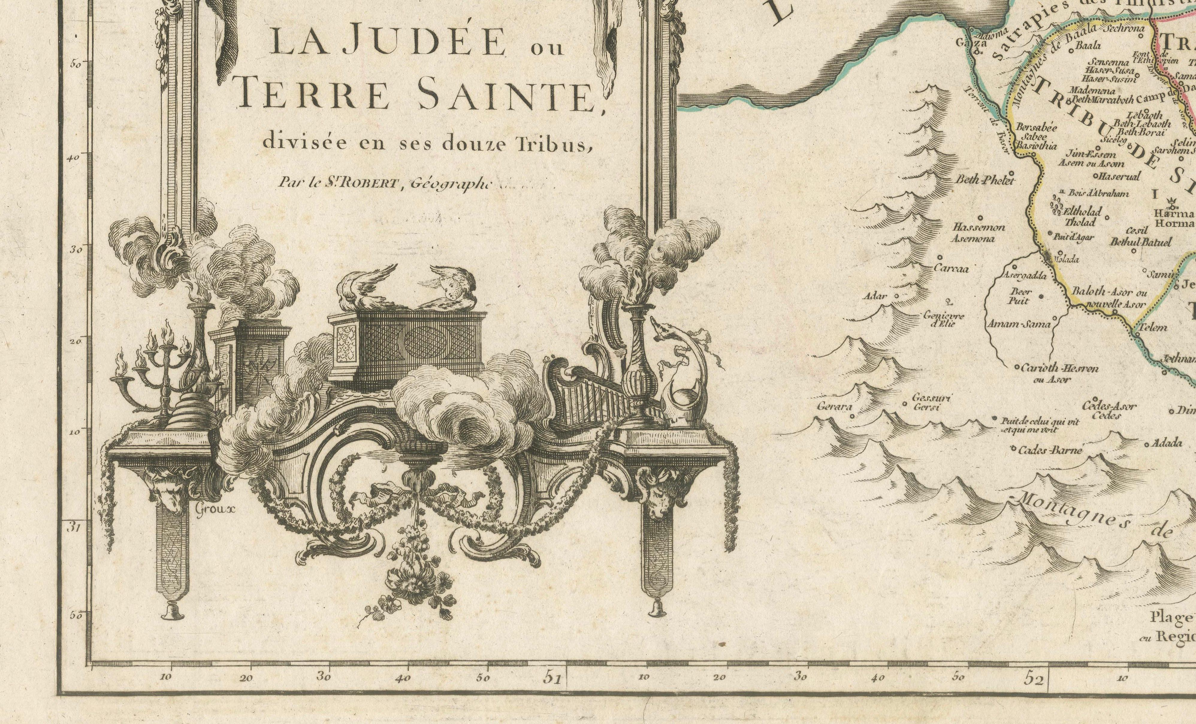 Antique French Map of the Holy Land, Twelve Tribes of Israel, c.1750