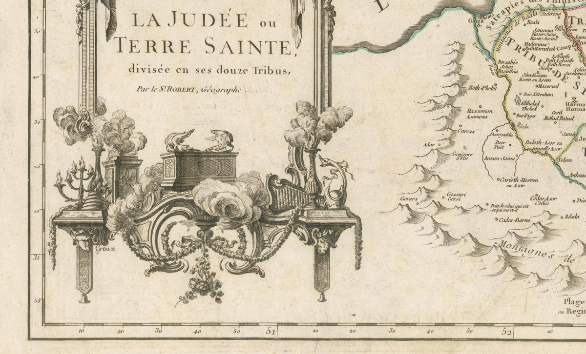 Antique French Map of the Holy Land, Twelve Tribes of Israel, c.1750