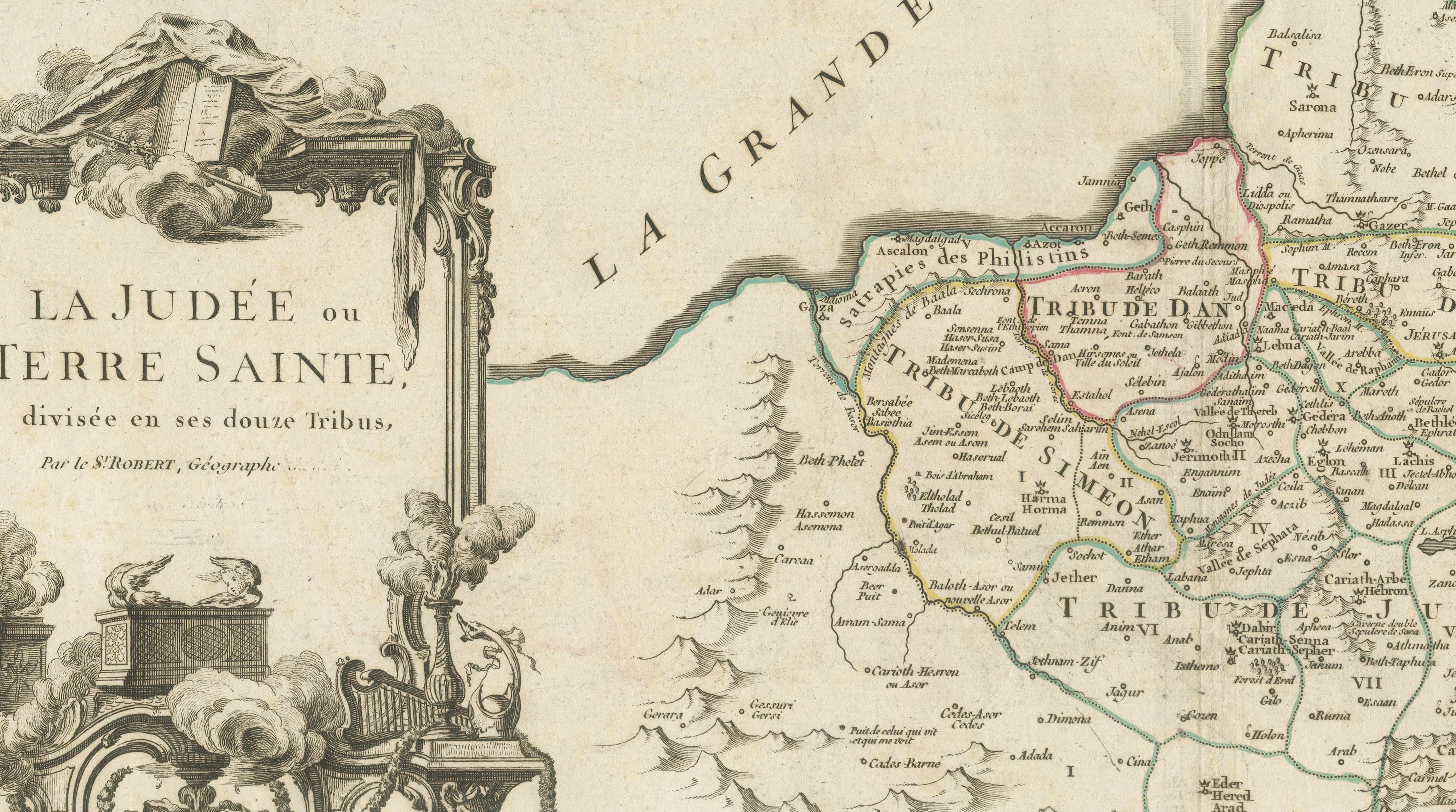Antique French Map of the Holy Land, Twelve Tribes of Israel, c.1750