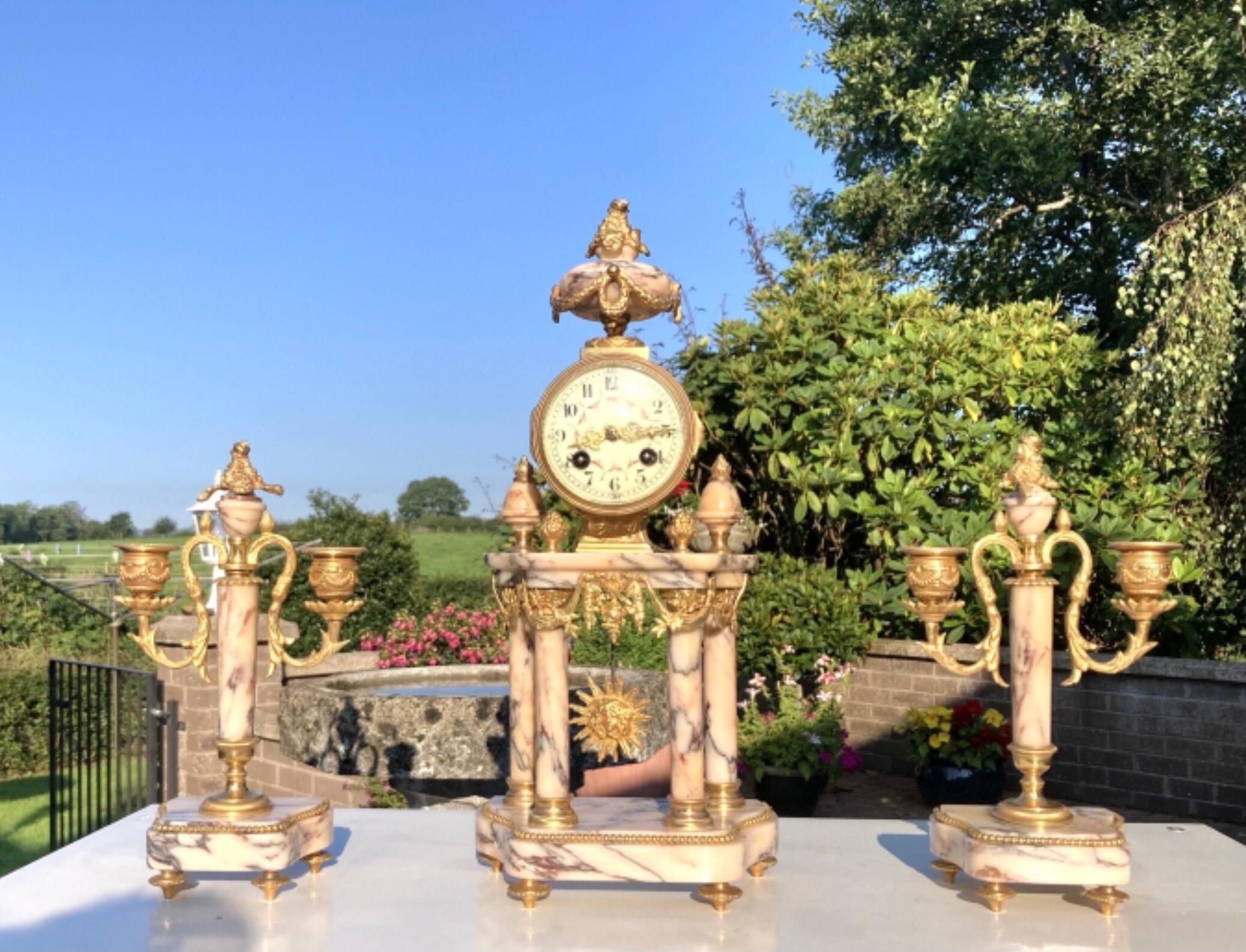 Antique French Marble and Ormolu Clock Garniture Set In Excellent Condition In Antrim, GB