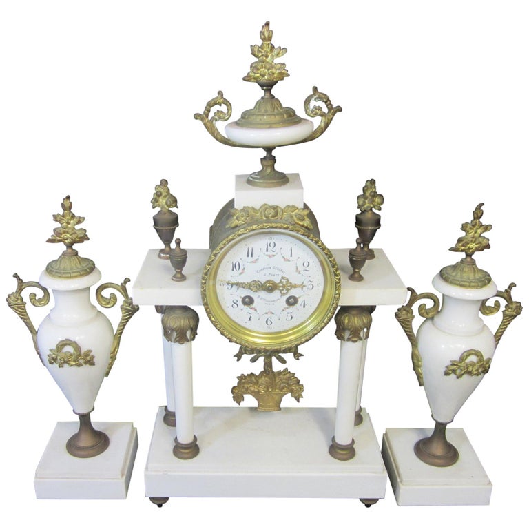Antique French Marble and Ormolu Clock / Garniture Set For Sale at 1stDibs