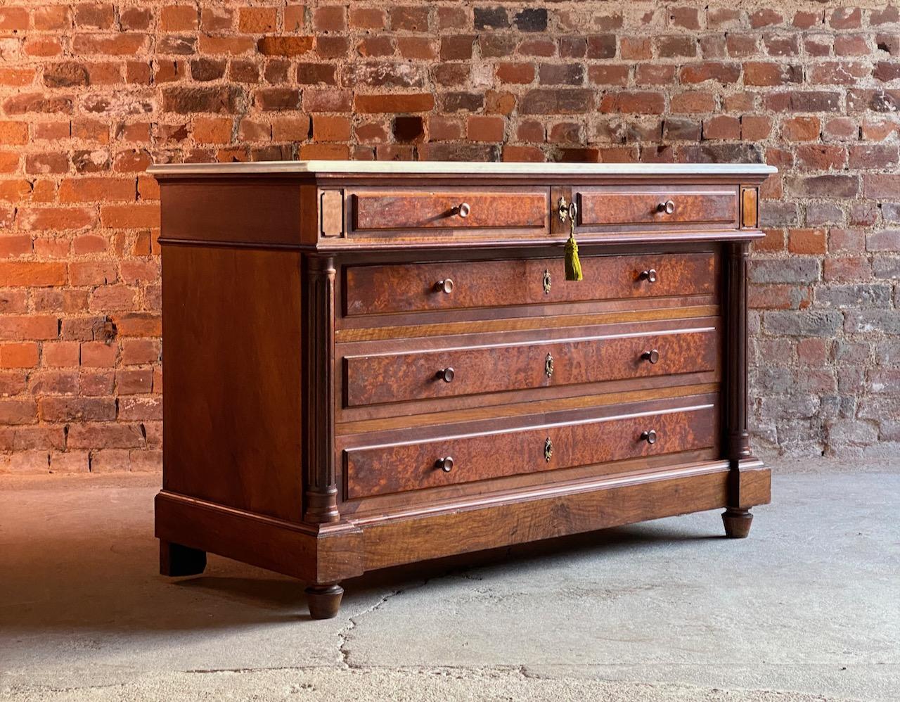 Antique French marble chest of drawers commode France circa 1890 number 13

Beautiful French antique Marble topped burr walnut commode chest of drawers, France circa 1890, this chest dates to the late 19th century, the elegant white marble top