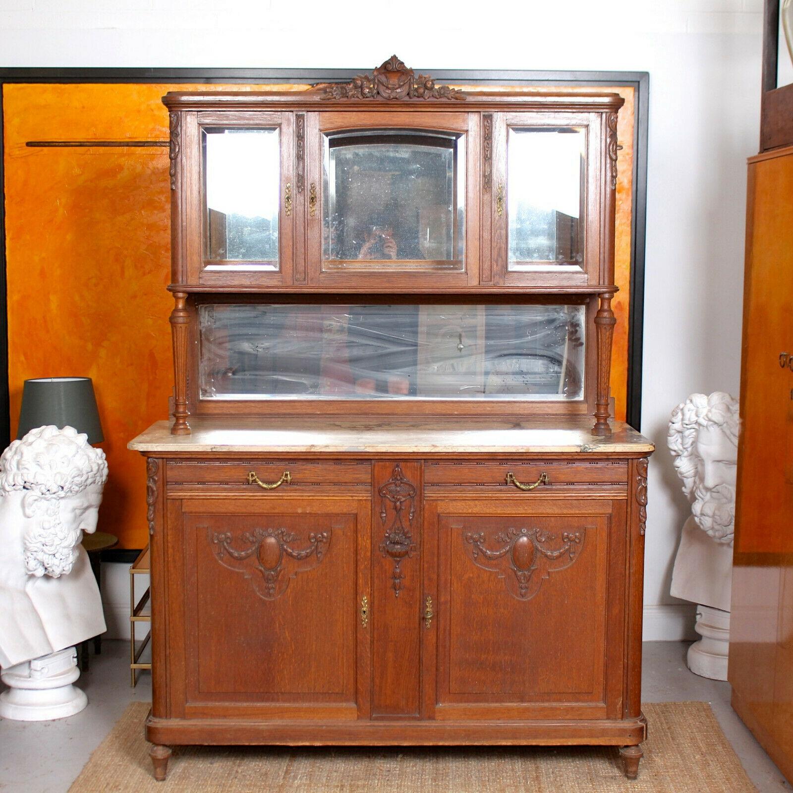 Glass Antique French Marble Glazed Oak Dresser Buffet Display, 19th Century For Sale