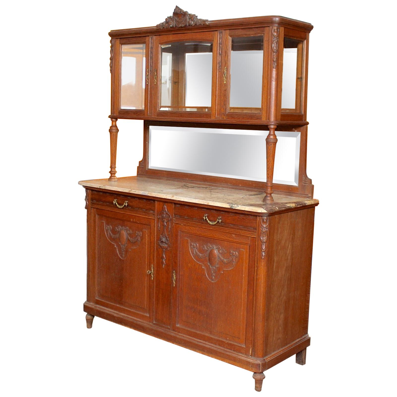 Antique French Marble Glazed Oak Dresser Buffet Display, 19th Century For Sale