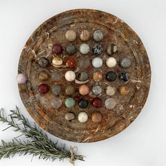 Antique French Marble Solitaire Game Board with Natural Stones