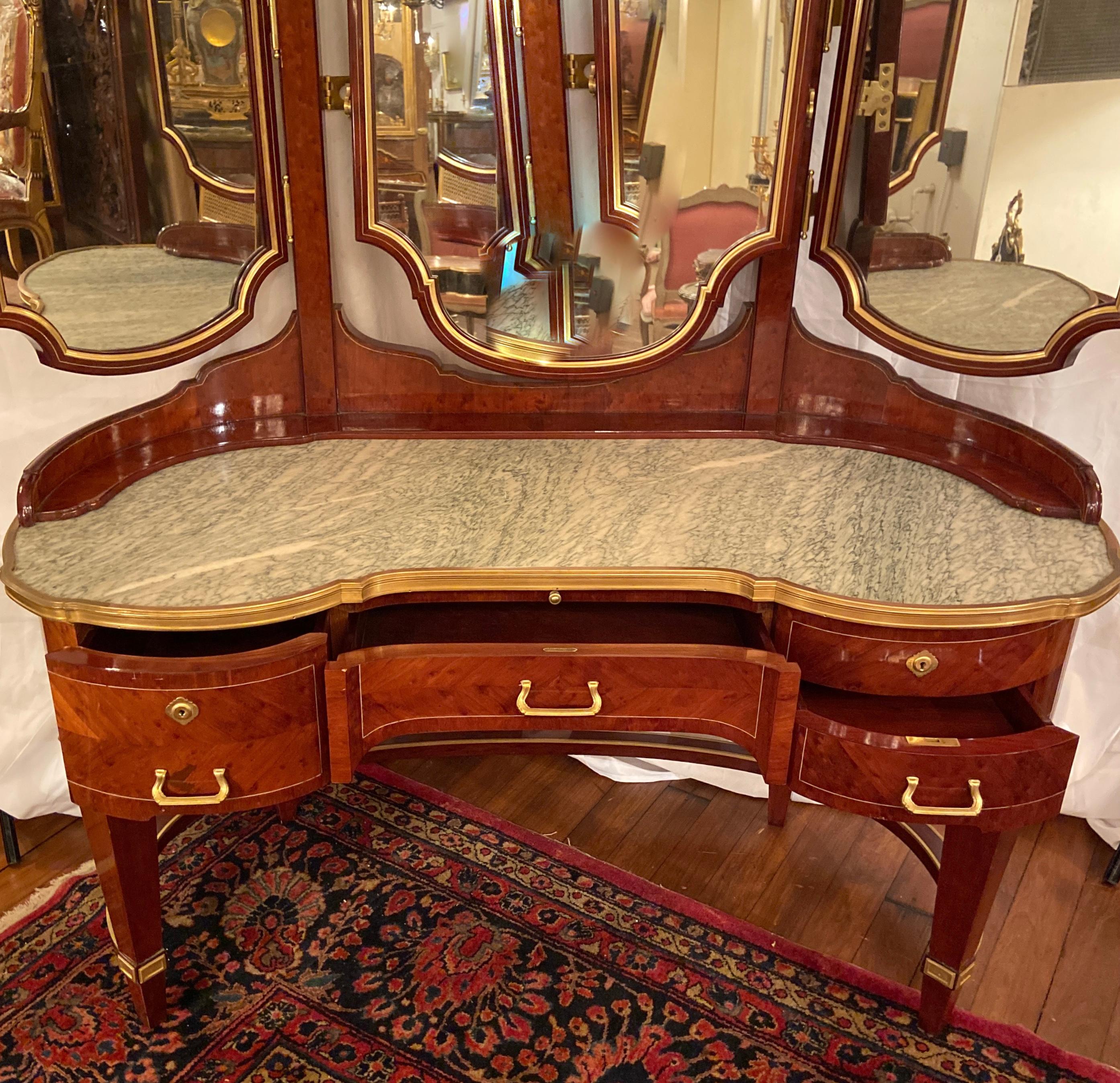 Antique French marble-top 3 mirror mahogany vanity dresser signed 