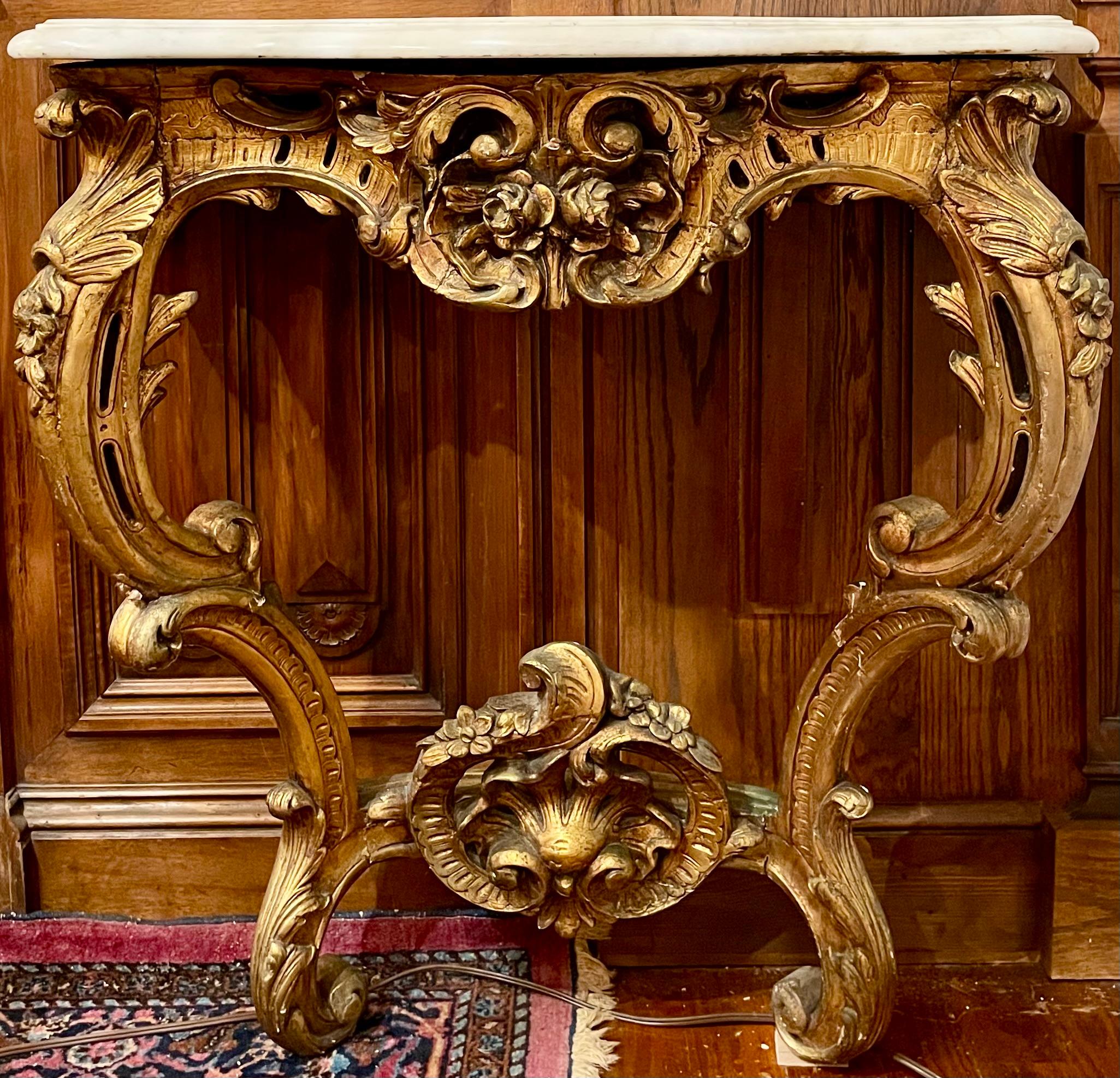 Antique French Marble Top Carved Wood with Gold Console Table, Circa 1875-1890. In Good Condition For Sale In New Orleans, LA