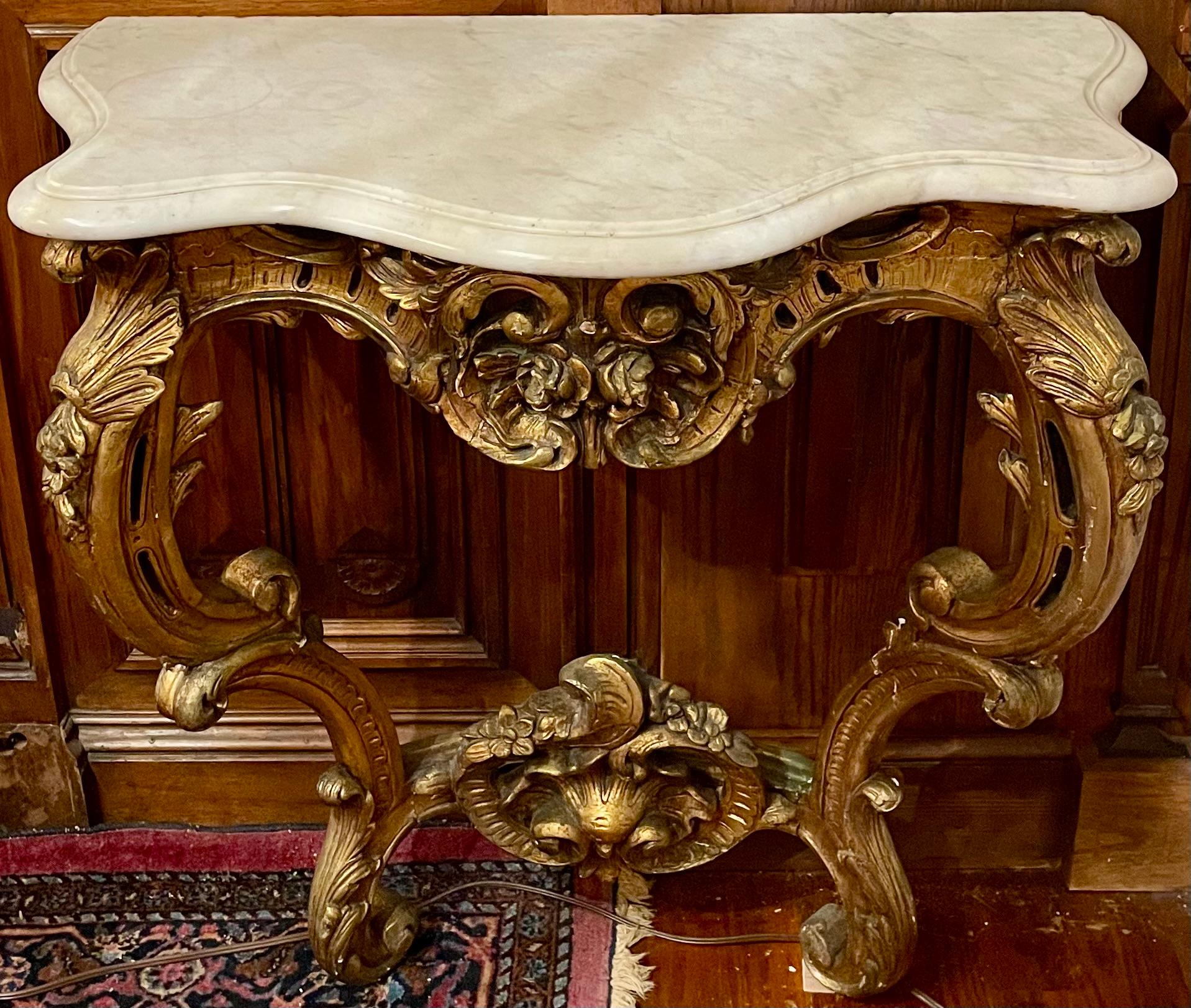 19th Century Antique French Marble Top Carved Wood with Gold Console Table, Circa 1875-1890. For Sale