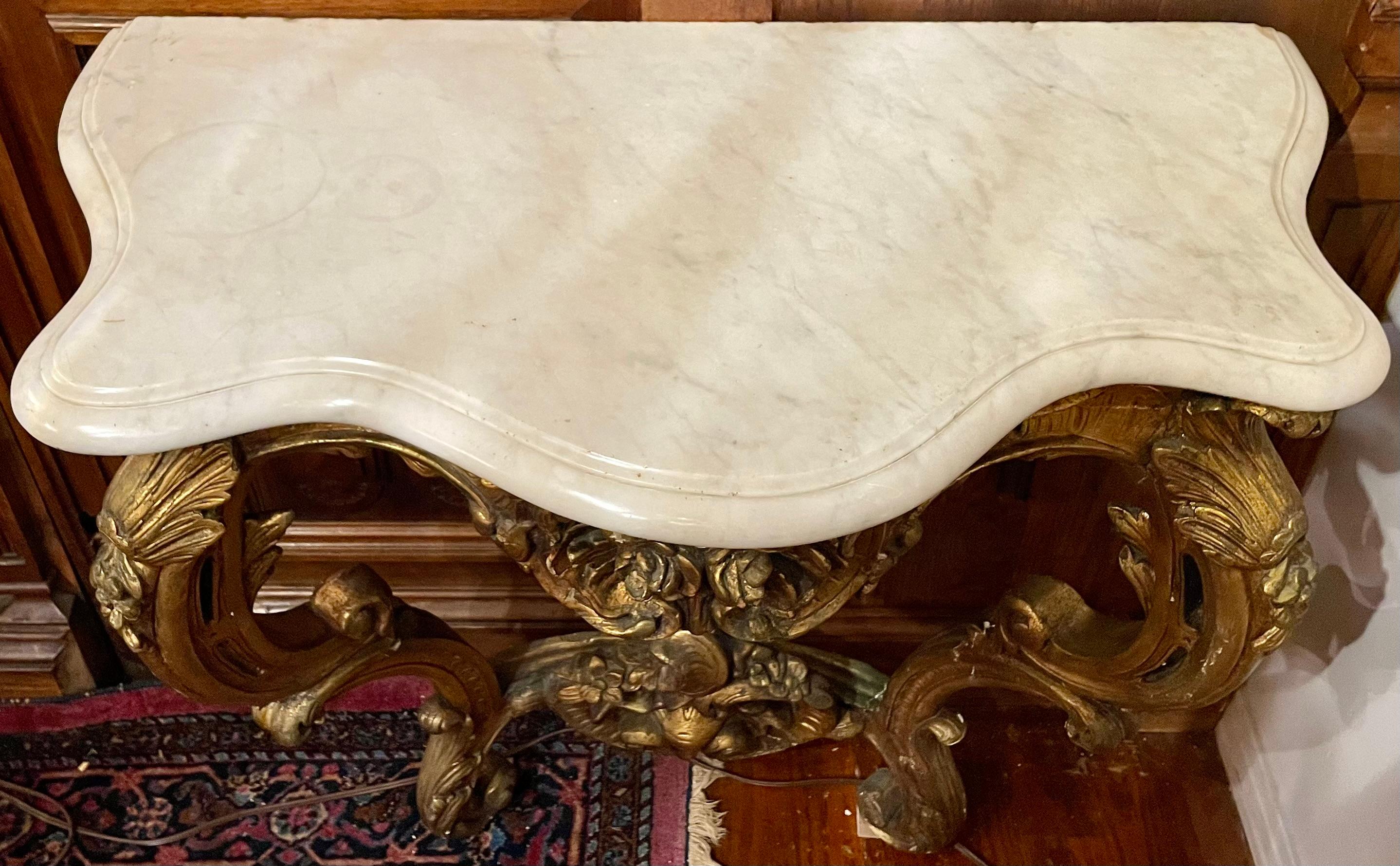 Antique French Marble Top Carved Wood with Gold Console Table, Circa 1875-1890. For Sale 1