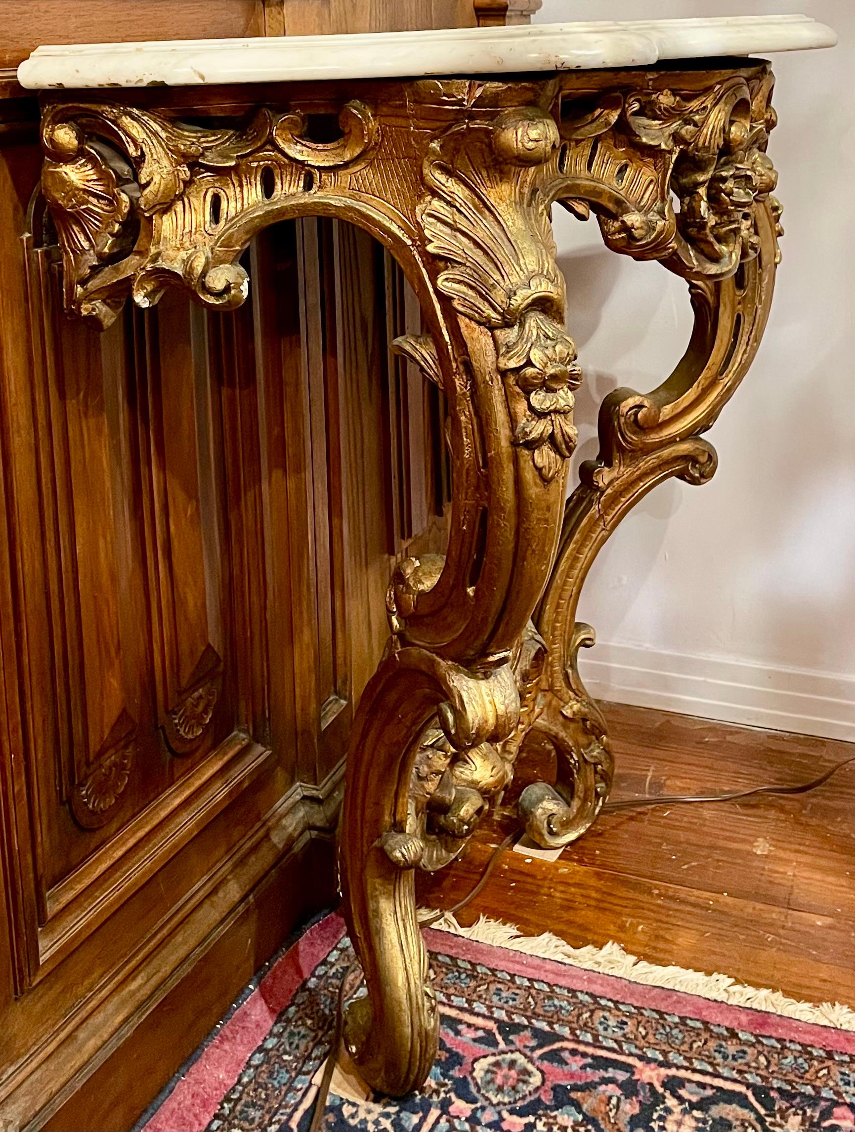 Antique French Marble Top Carved Wood with Gold Console Table, Circa 1875-1890. For Sale 3