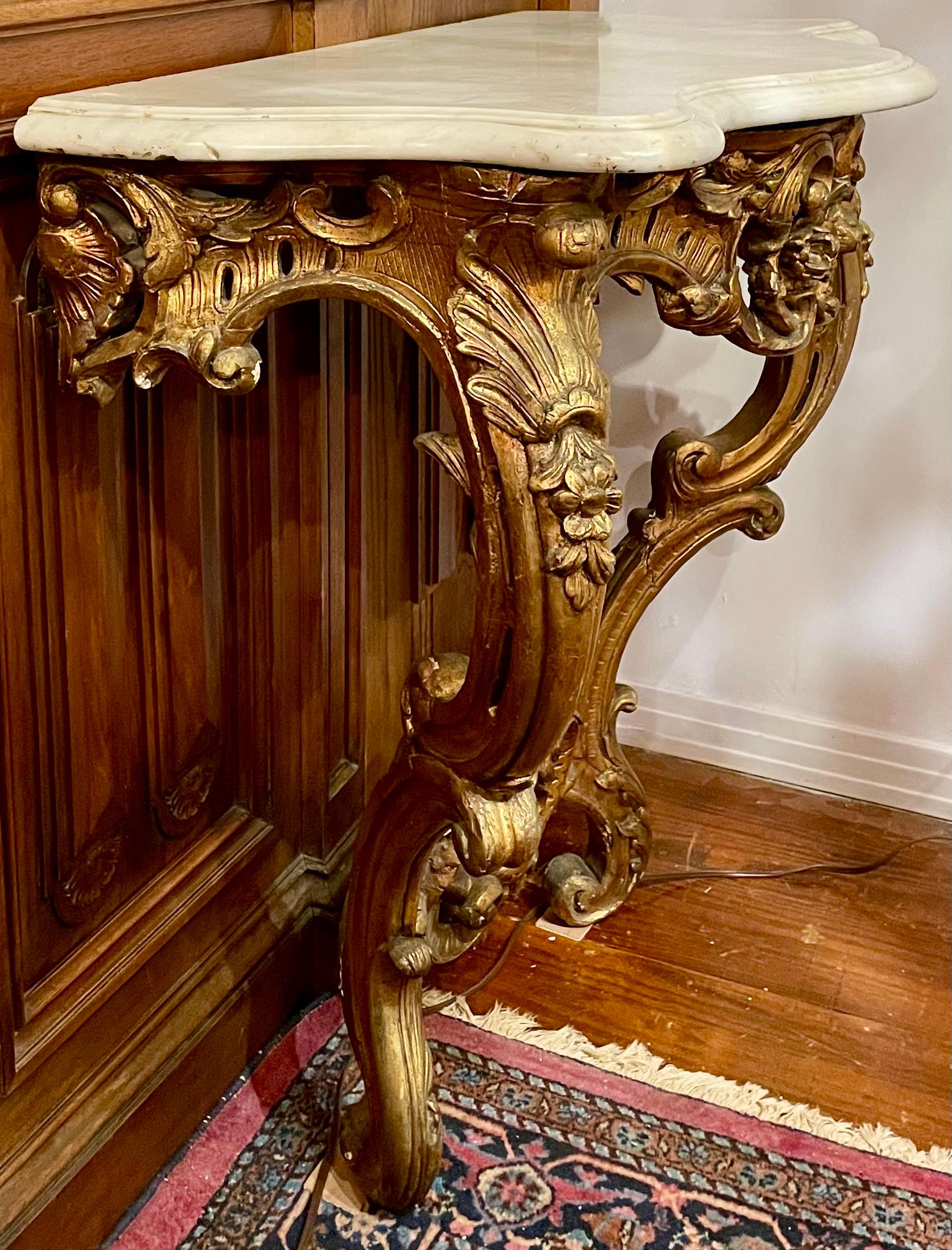 Antique French Marble Top Carved Wood with Gold Console Table, Circa 1875-1890. For Sale 4