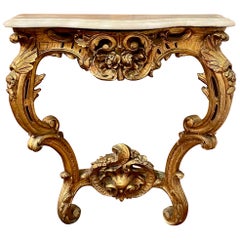 Antique French Marble Top Carved Wood with Gold Console Table, Circa 1875-1890.