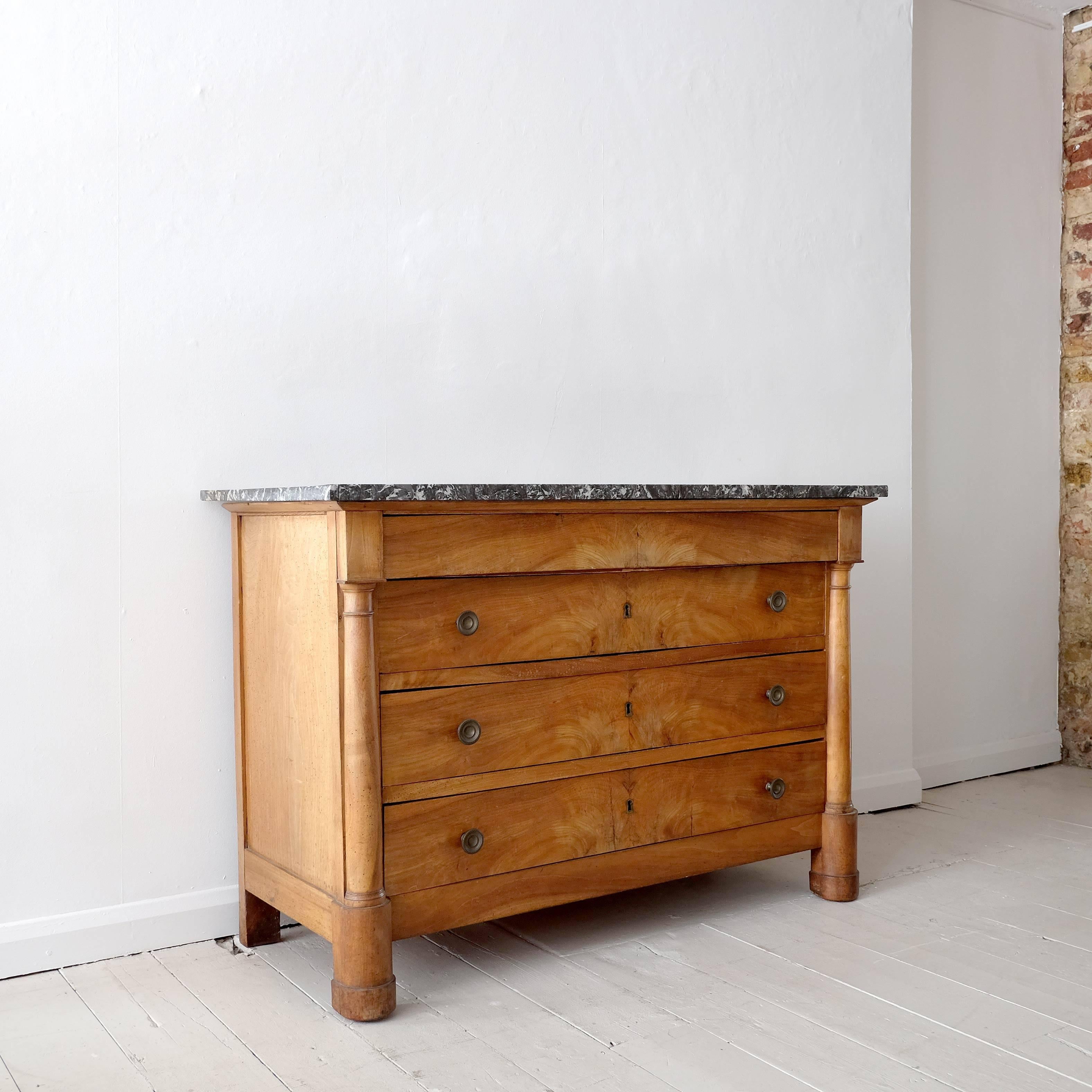 Very smart French commode in cheerywood, late 19th century, substantial and original marble top, nice colour, clean simple design. Some evidence of now long gone wood worm but otherwise in good condition.

Dimensions: H 90 x W 130 x D 59cm.