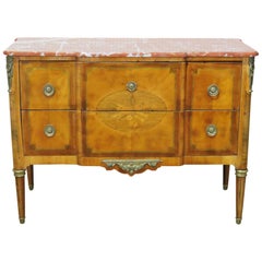 Antique Inlaid Satinwood Louis XV Rouge Marble Top Commode Dresser Foyer Chest