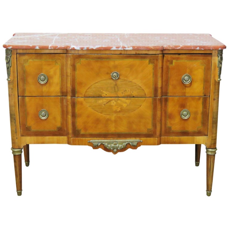 Antique Inlaid Satinwood Louis Xv Rouge Marble Top Commode Dresser