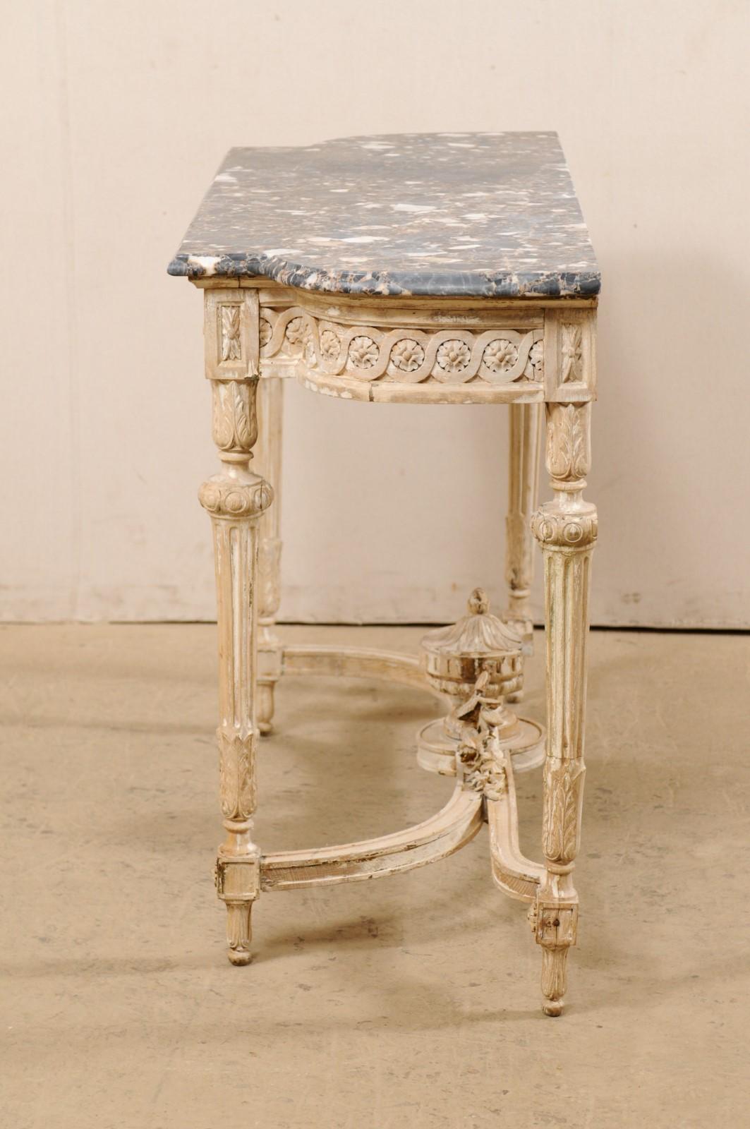Antique French Marble-Top Console Table with Carved Urn & Foliage at Underside 7