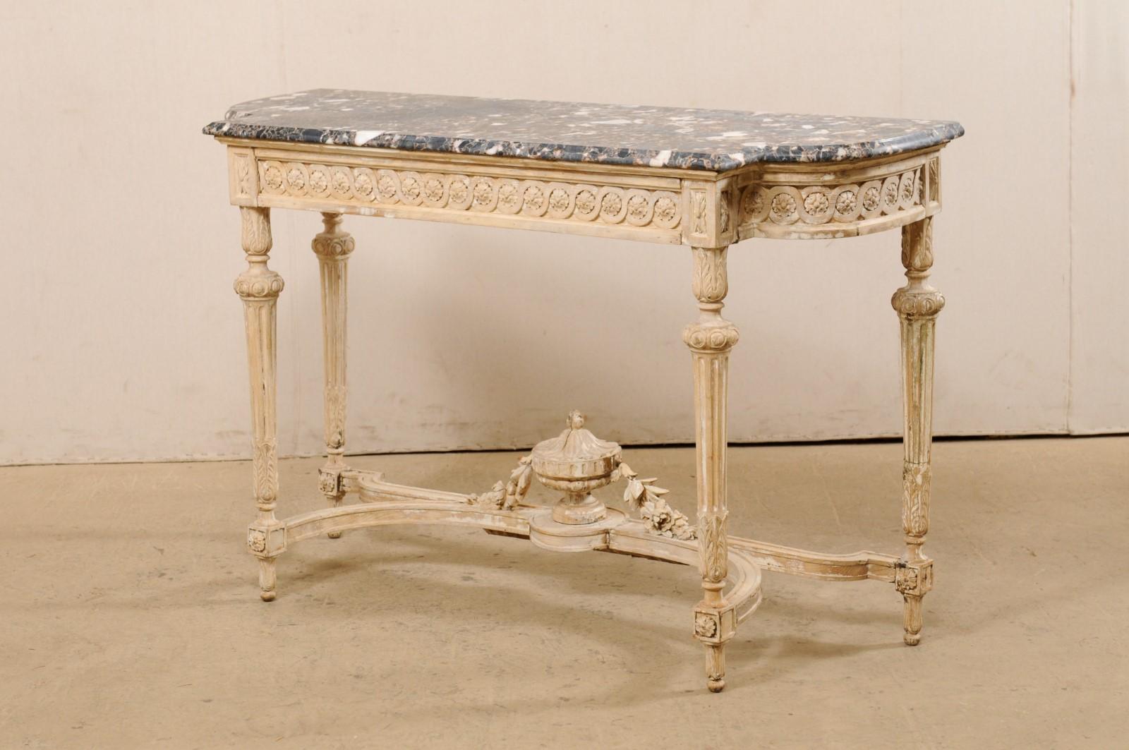 19th Century Antique French Marble-Top Console Table with Carved Urn & Foliage at Underside