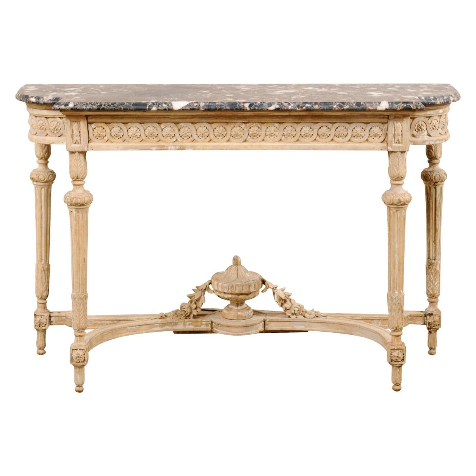 Antique French Marble-Top Console Table with Carved Urn & Foliage at Underside