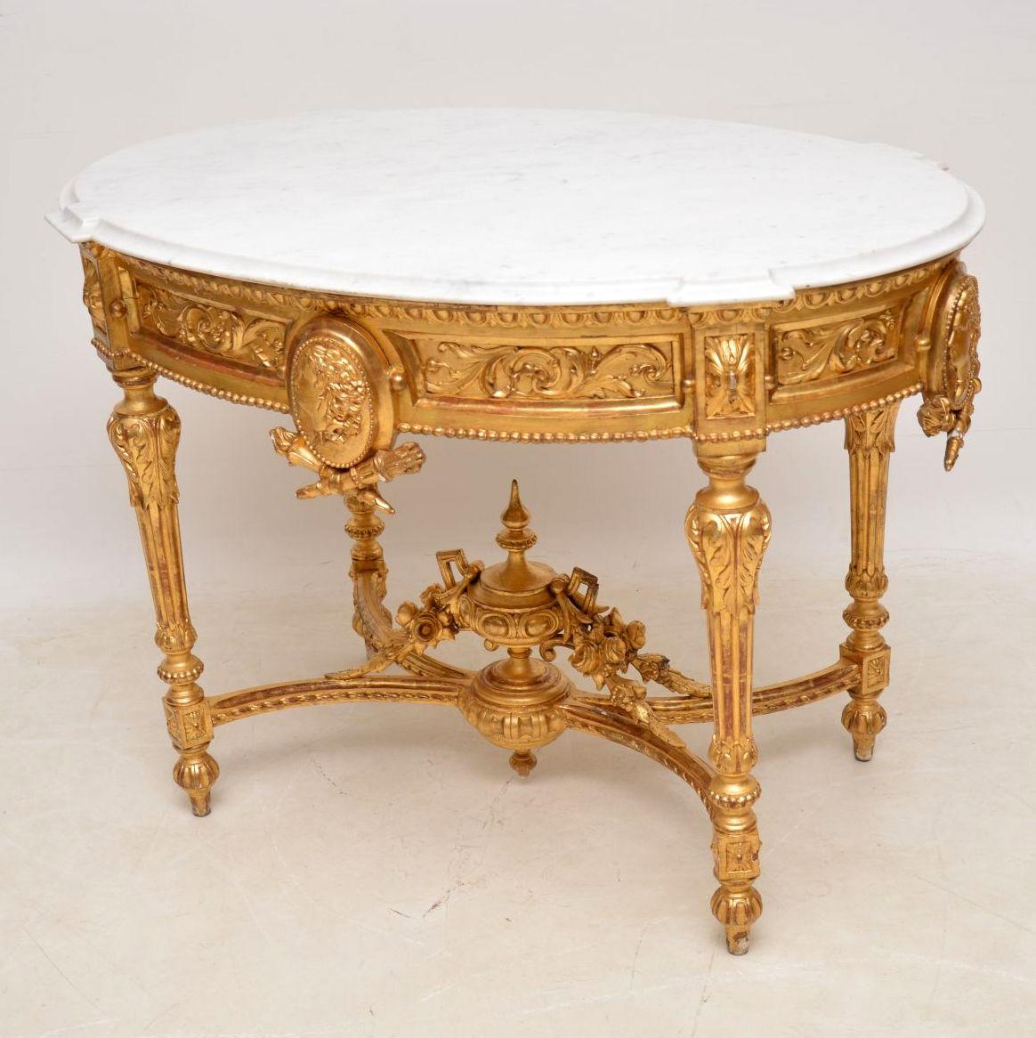 19th Century Antique French Marble Top Gilt Wood Centre Table