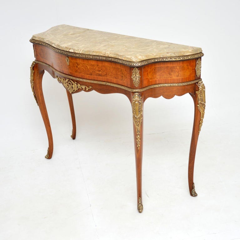 Antique French Marble Top Inlaid Walnut Console Table For Sale at 1stDibs