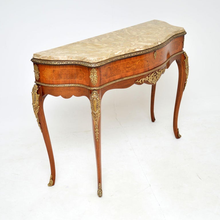 Antique French Marble Top Inlaid Walnut Console Table For Sale at 1stDibs