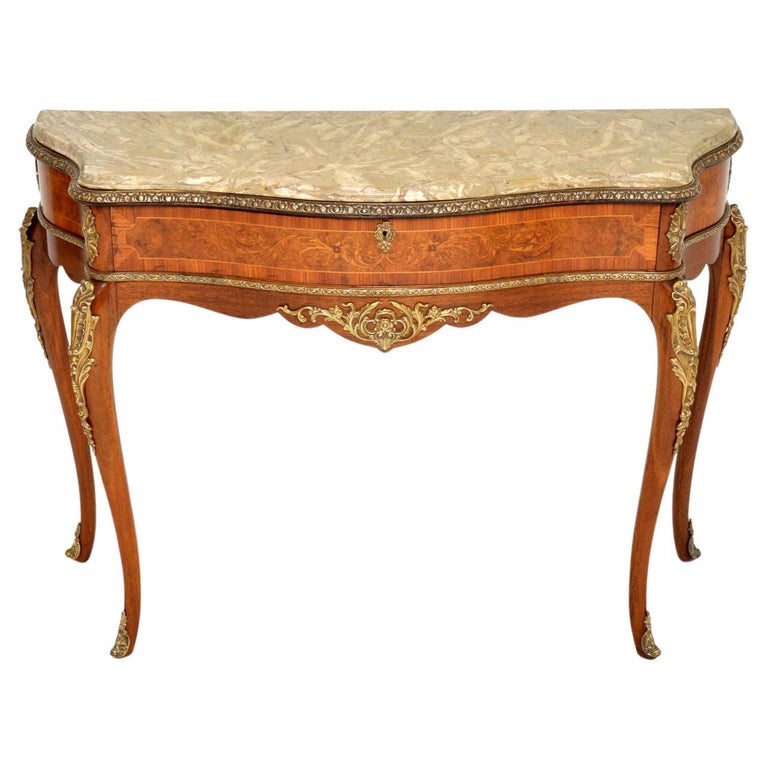 Antique French Marble Top Inlaid Walnut Console Table For Sale at 1stDibs
