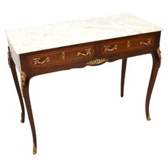 Antique French Tavolo consolle in noce intarsiato con piano in marmo