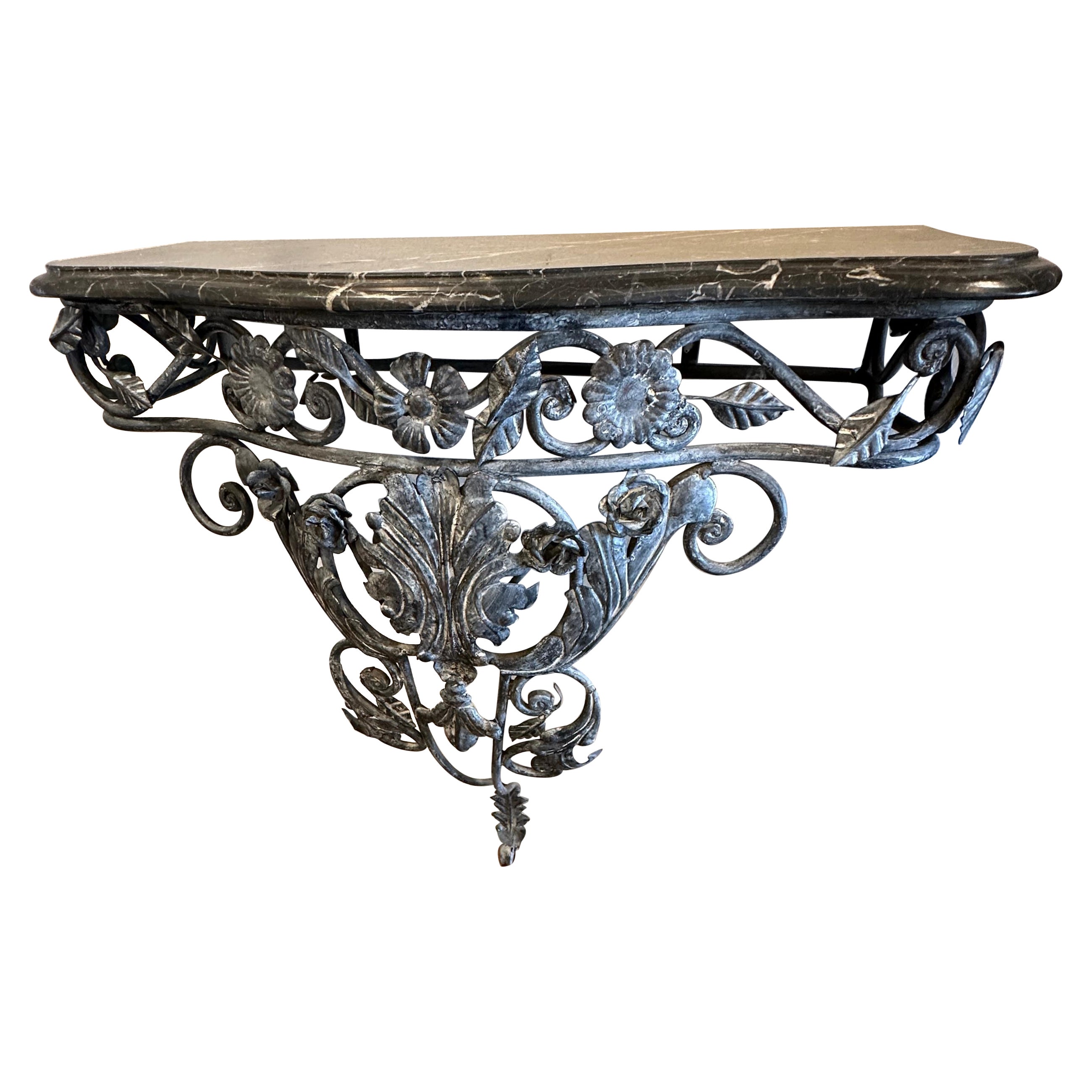 Antique French Marble Top Iron Demilune Wall Console Table