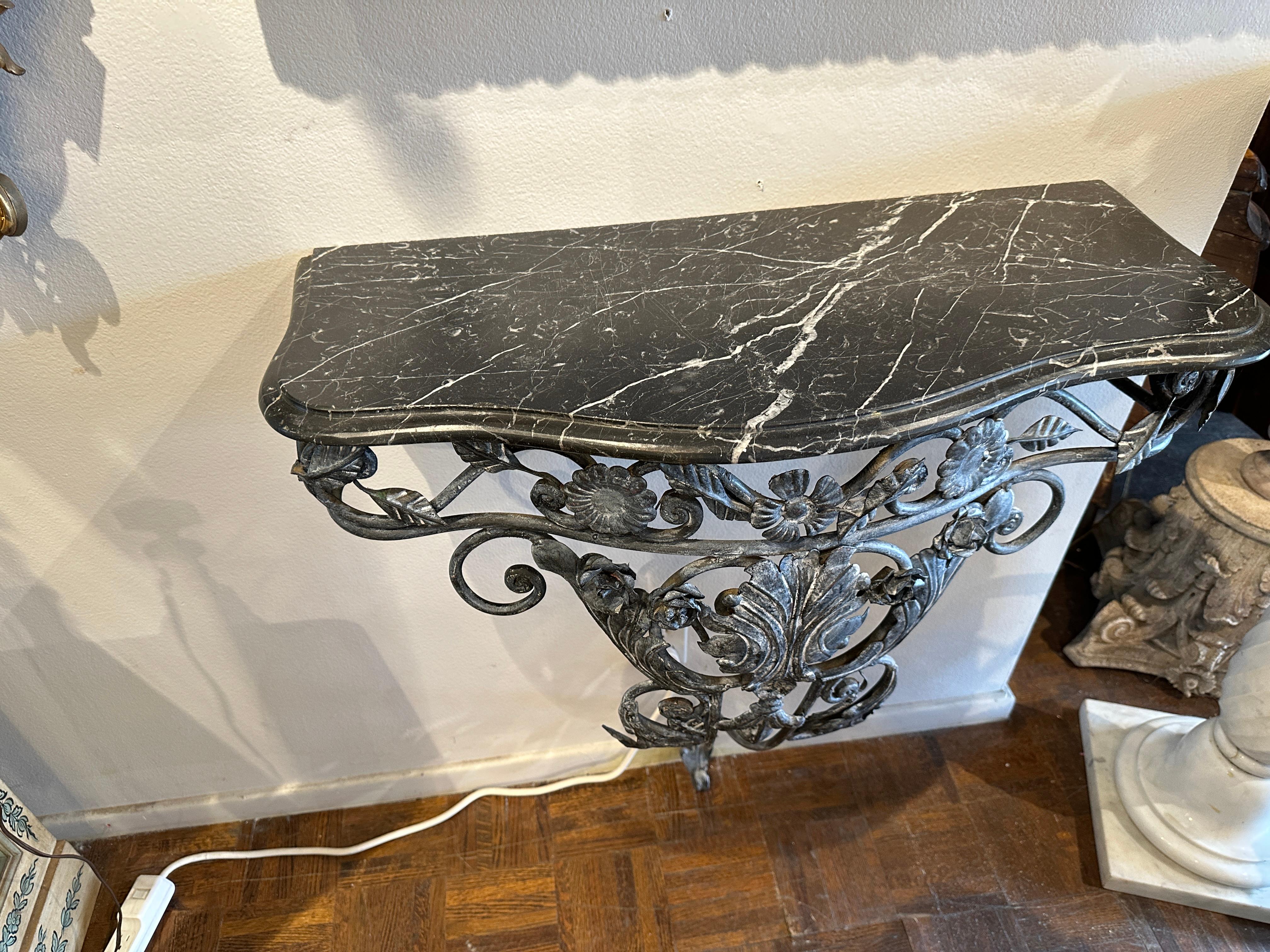 Hand-Crafted Antique French Marble Top Iron Demilune Wall Console Table  For Sale