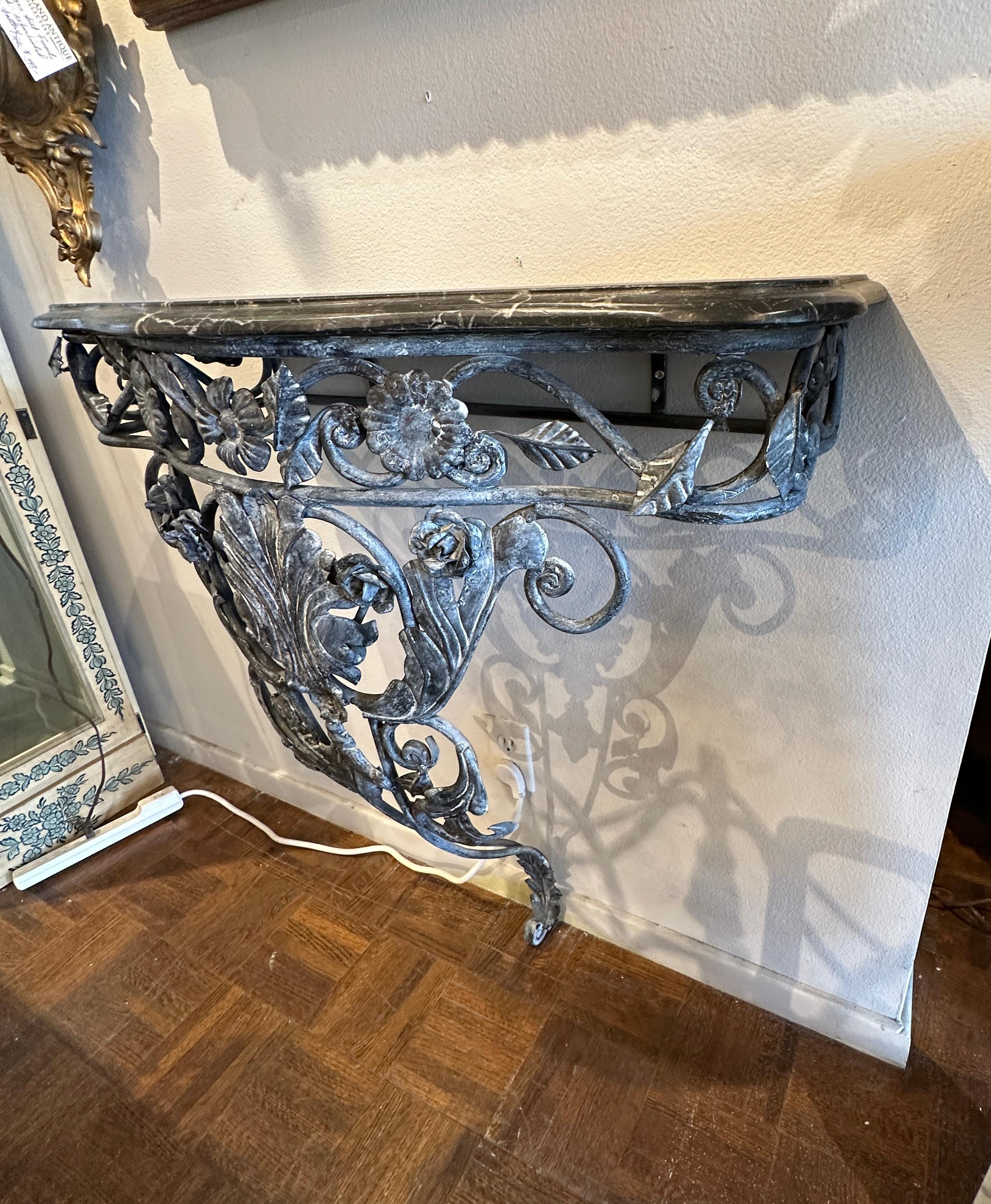 Antique French Marble Top Iron Demilune Wall Console Table  In Good Condition For Sale In Summerland, CA