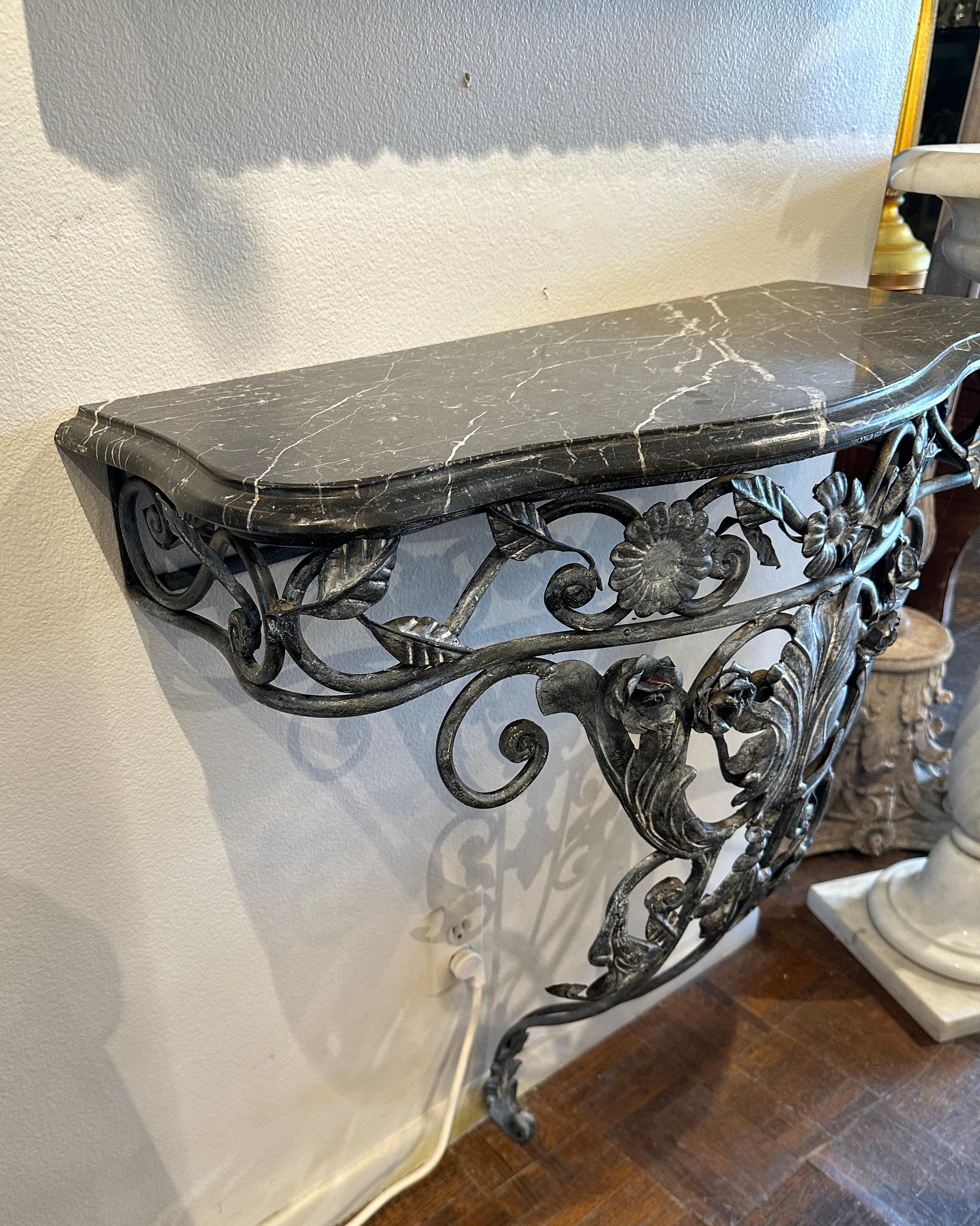 Early 20th Century Antique French Marble Top Iron Demilune Wall Console Table  For Sale