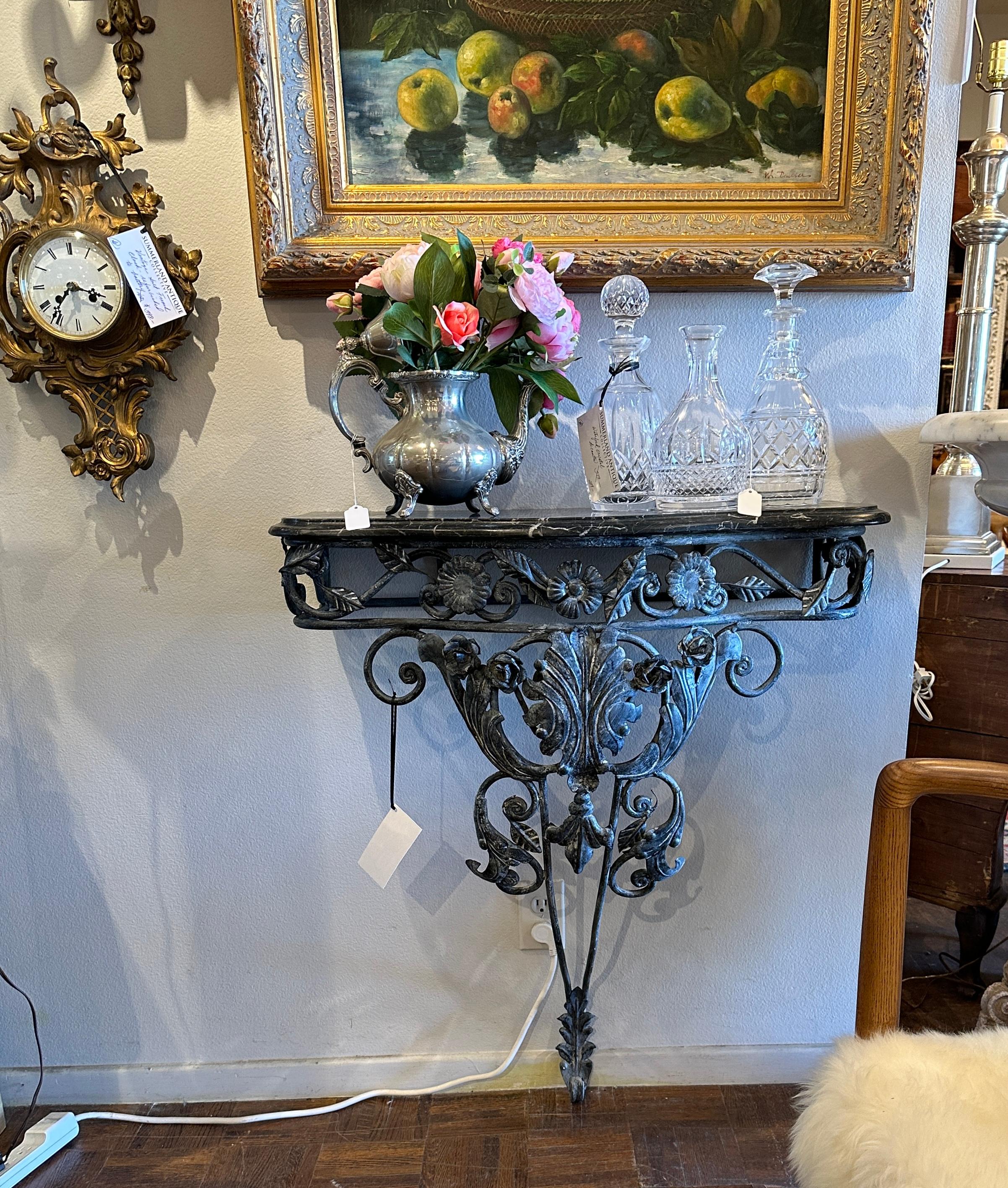 Antique French Marble Top Iron Demilune Wall Console Table  For Sale 2