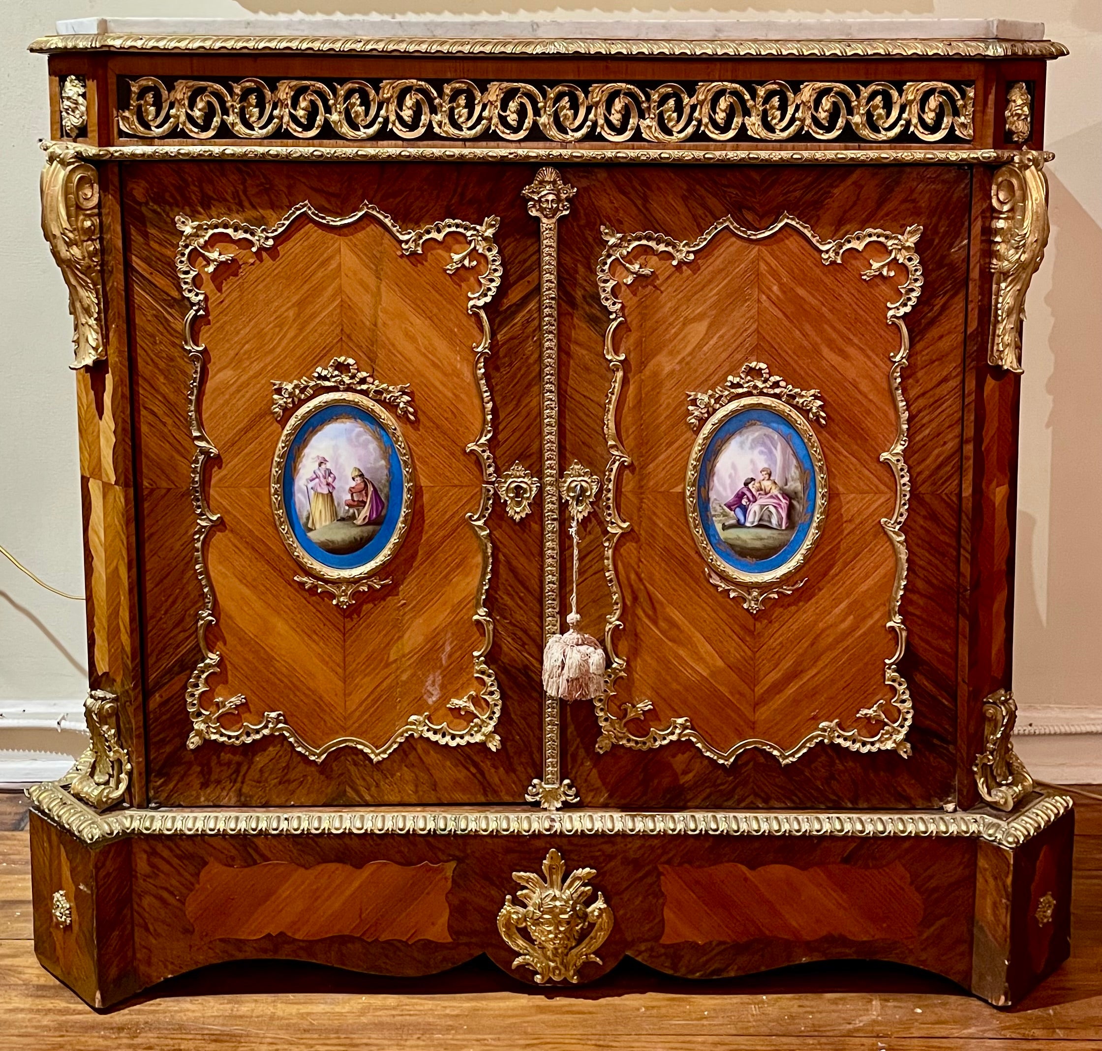 Antique French Marble Top Kingwood & Ormolu Mounted Sevres Cabinet, Circa 1870. In Good Condition For Sale In New Orleans, LA