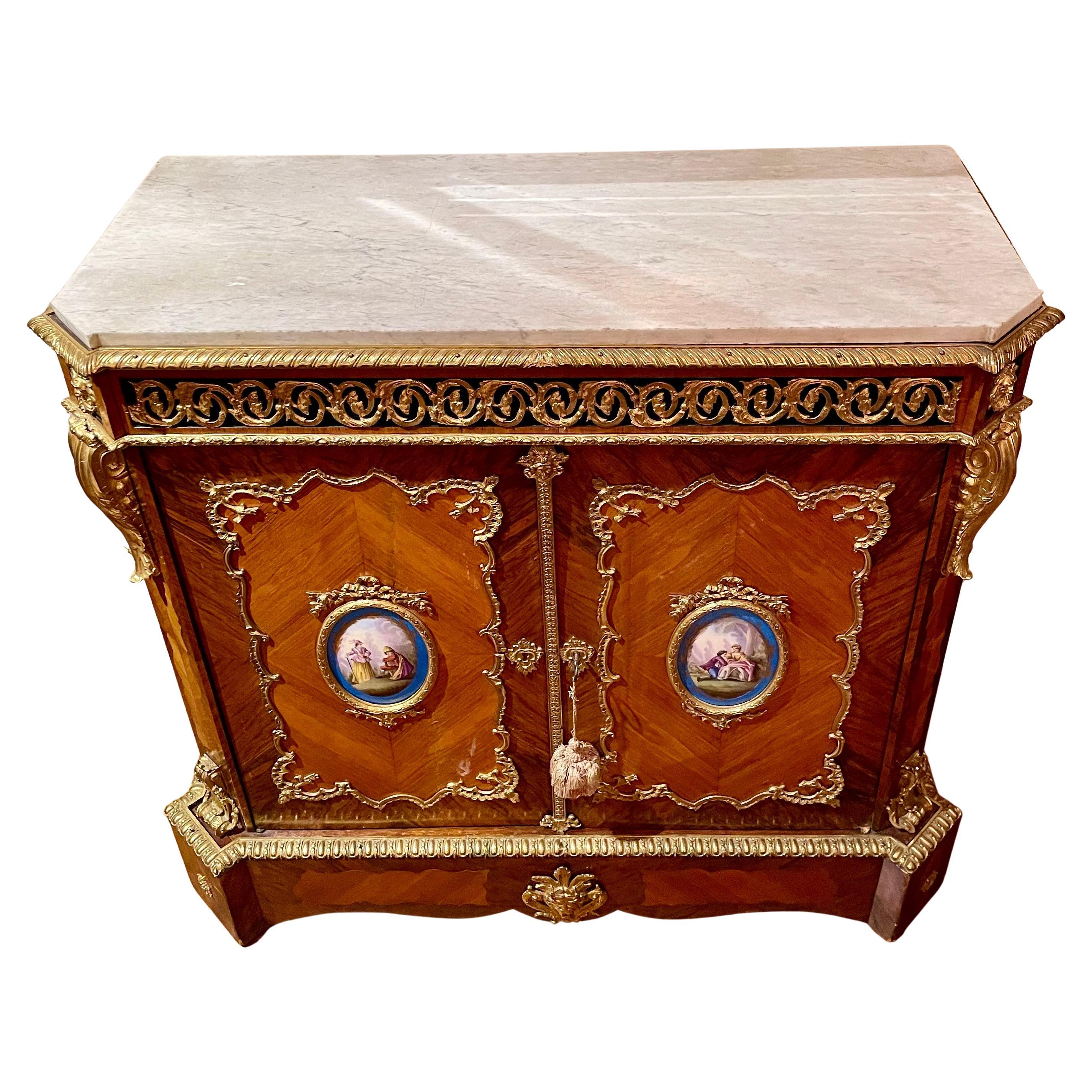 Antique French Marble Top Kingwood & Ormolu Mounted Sevres Cabinet, Circa 1870. For Sale 1