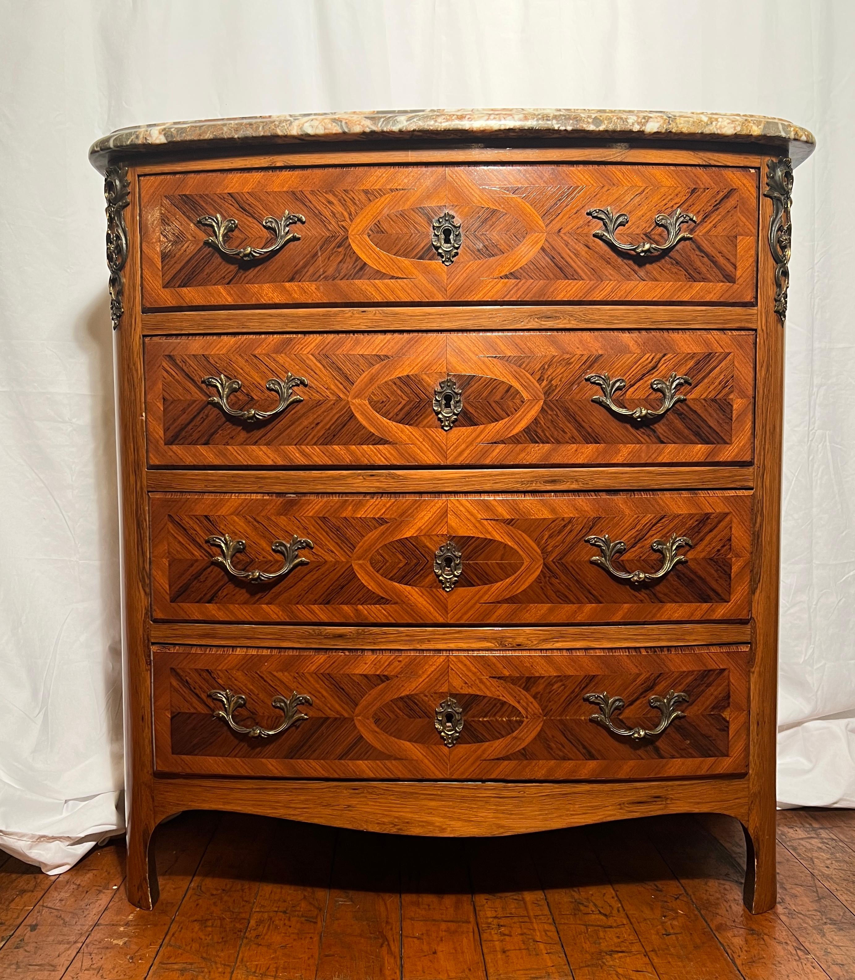 Antique French Marble Top Rosewood Chest with Satinwood Inlay, Circa 1900. In Good Condition For Sale In New Orleans, LA