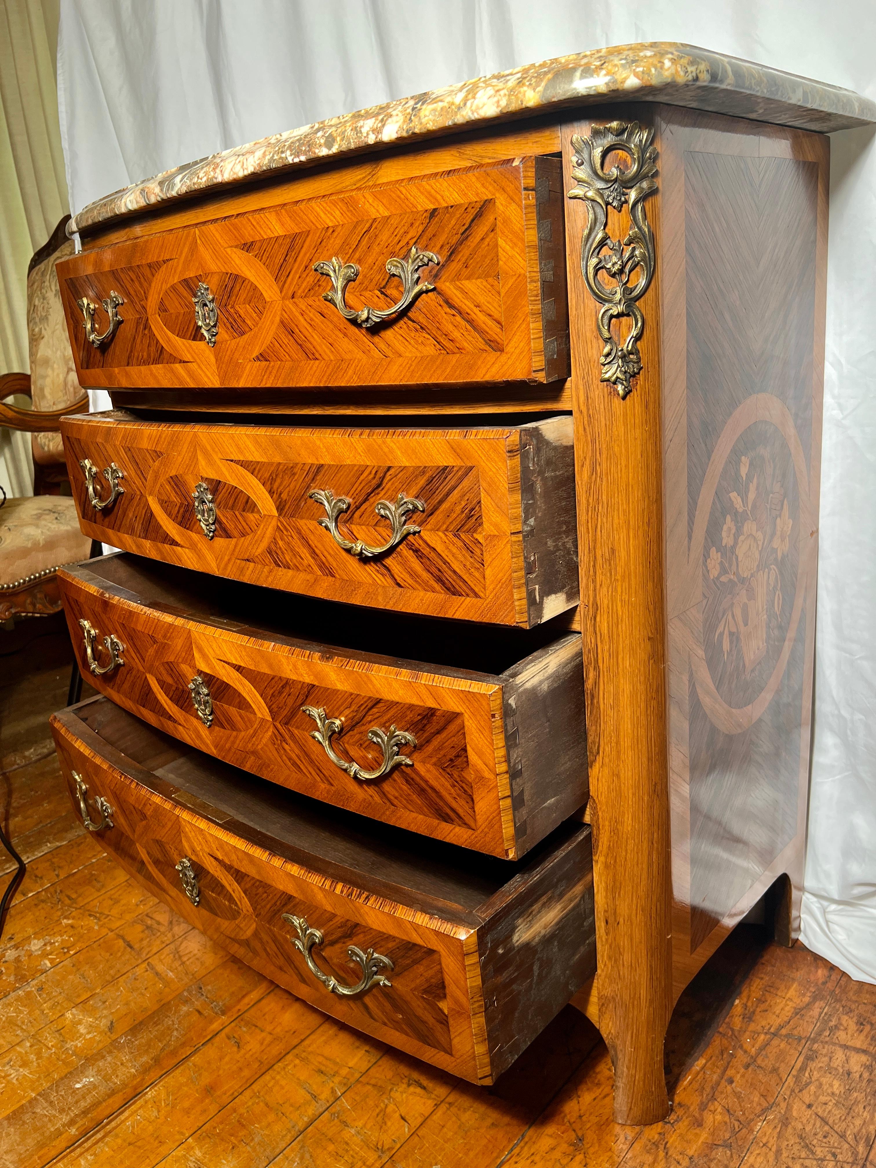 20th Century Antique French Marble Top Rosewood Chest with Satinwood Inlay, Circa 1900. For Sale