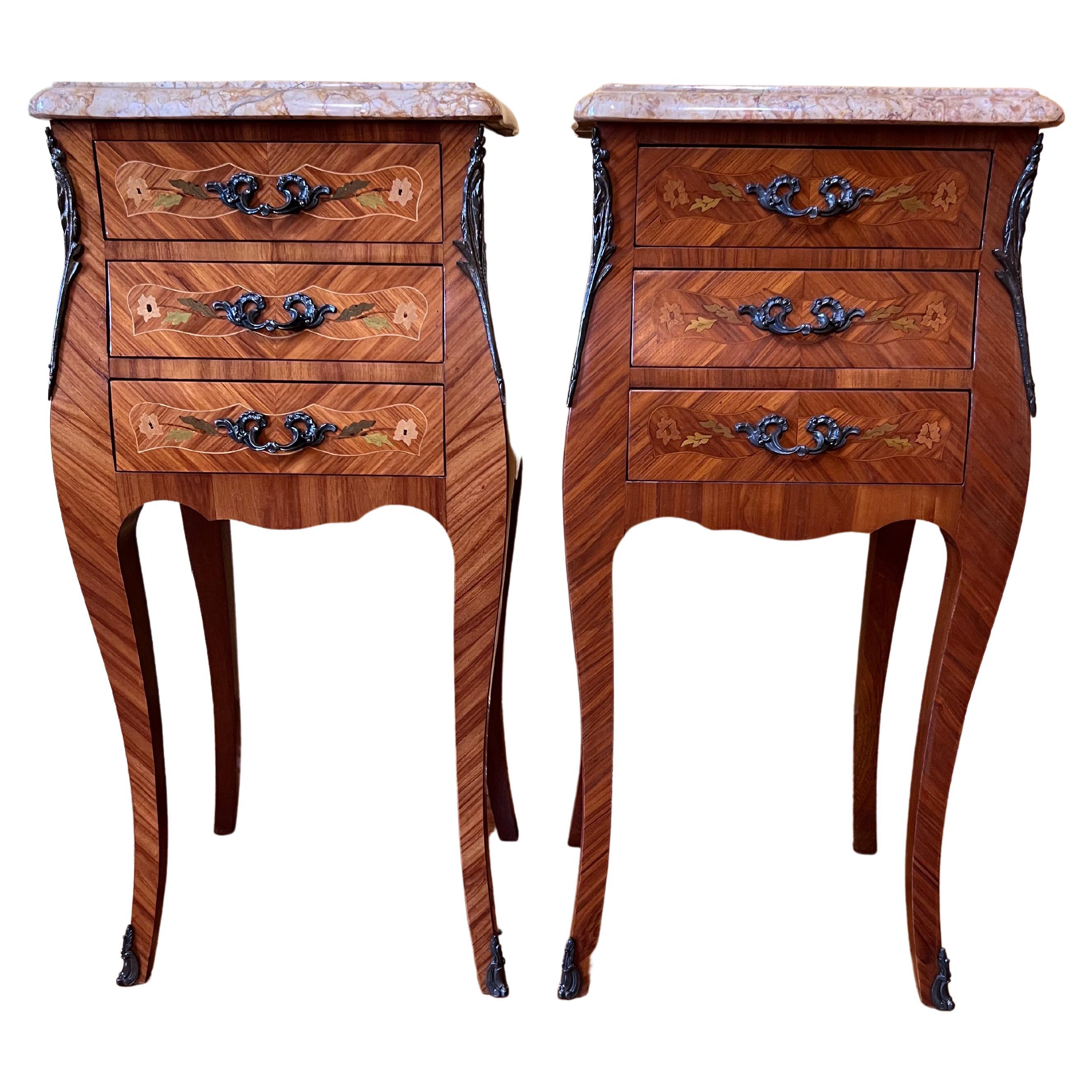 Antique French Marble Top Three Drawer Tables For Sale