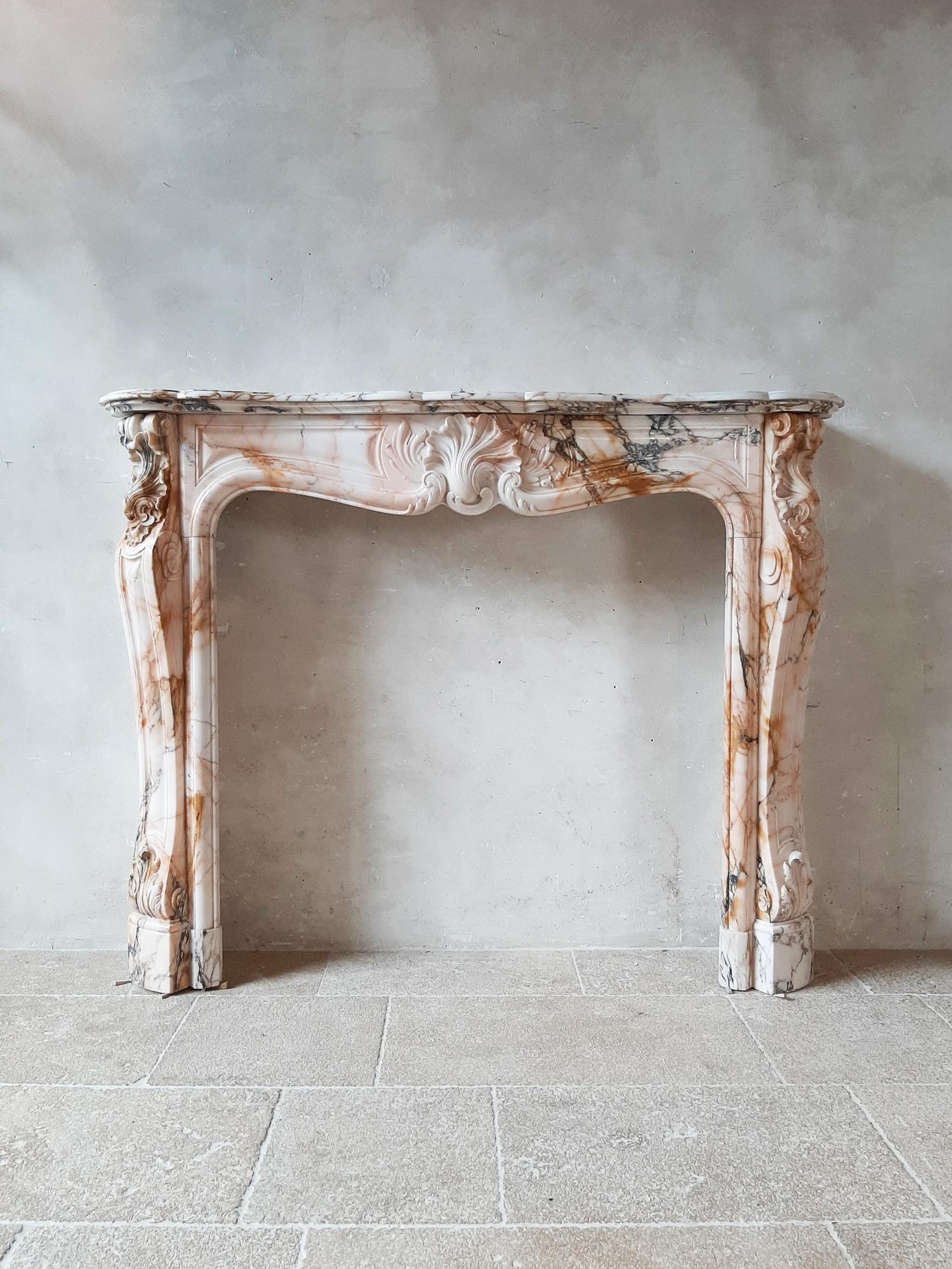 Antique French Marble Trois Coquilles Fireplace in Pink, Gray and Cognac Tones 7