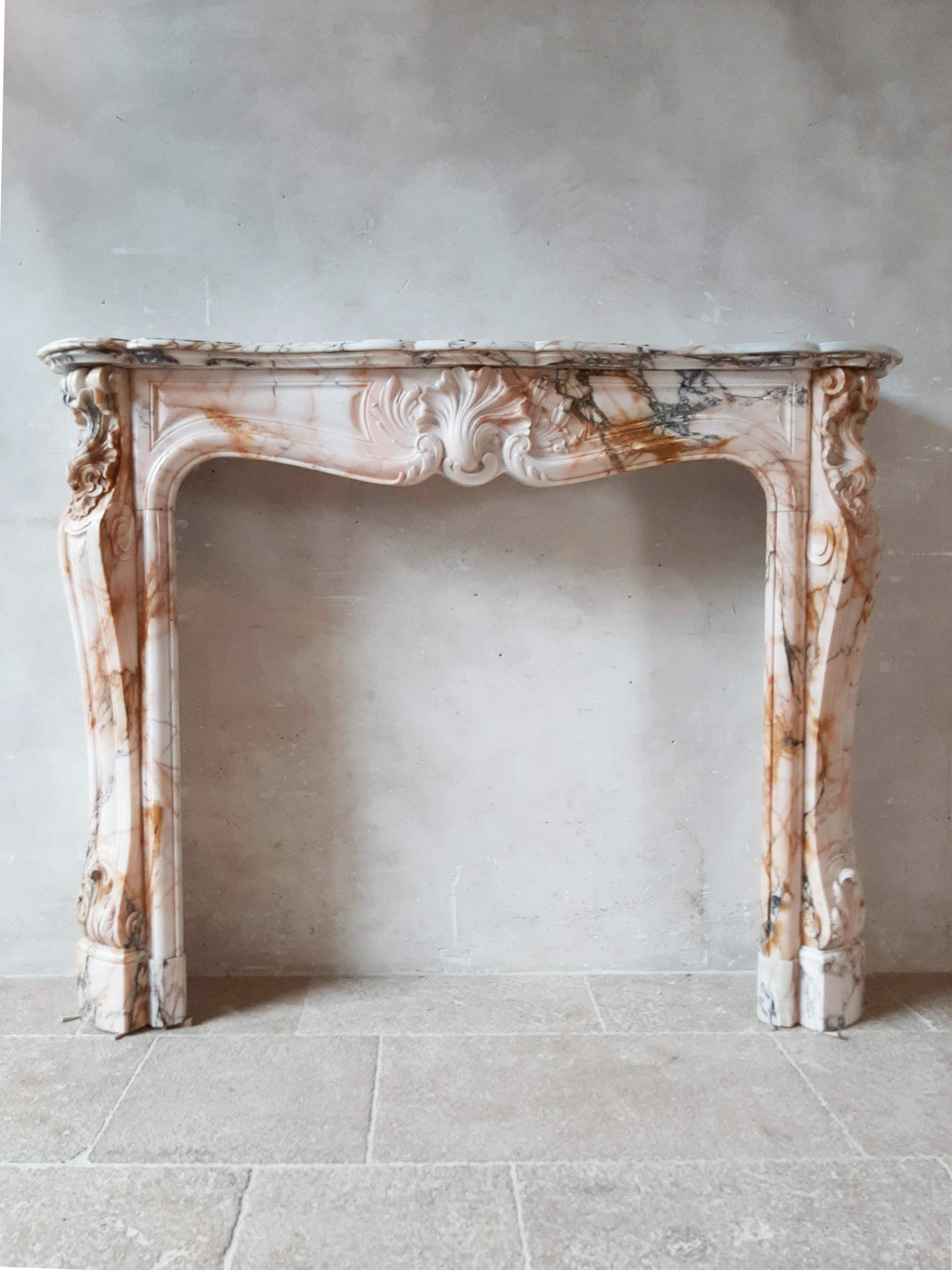 Antique French Marble Trois Coquilles Fireplace in Pink, Gray and Cognac Tones 8