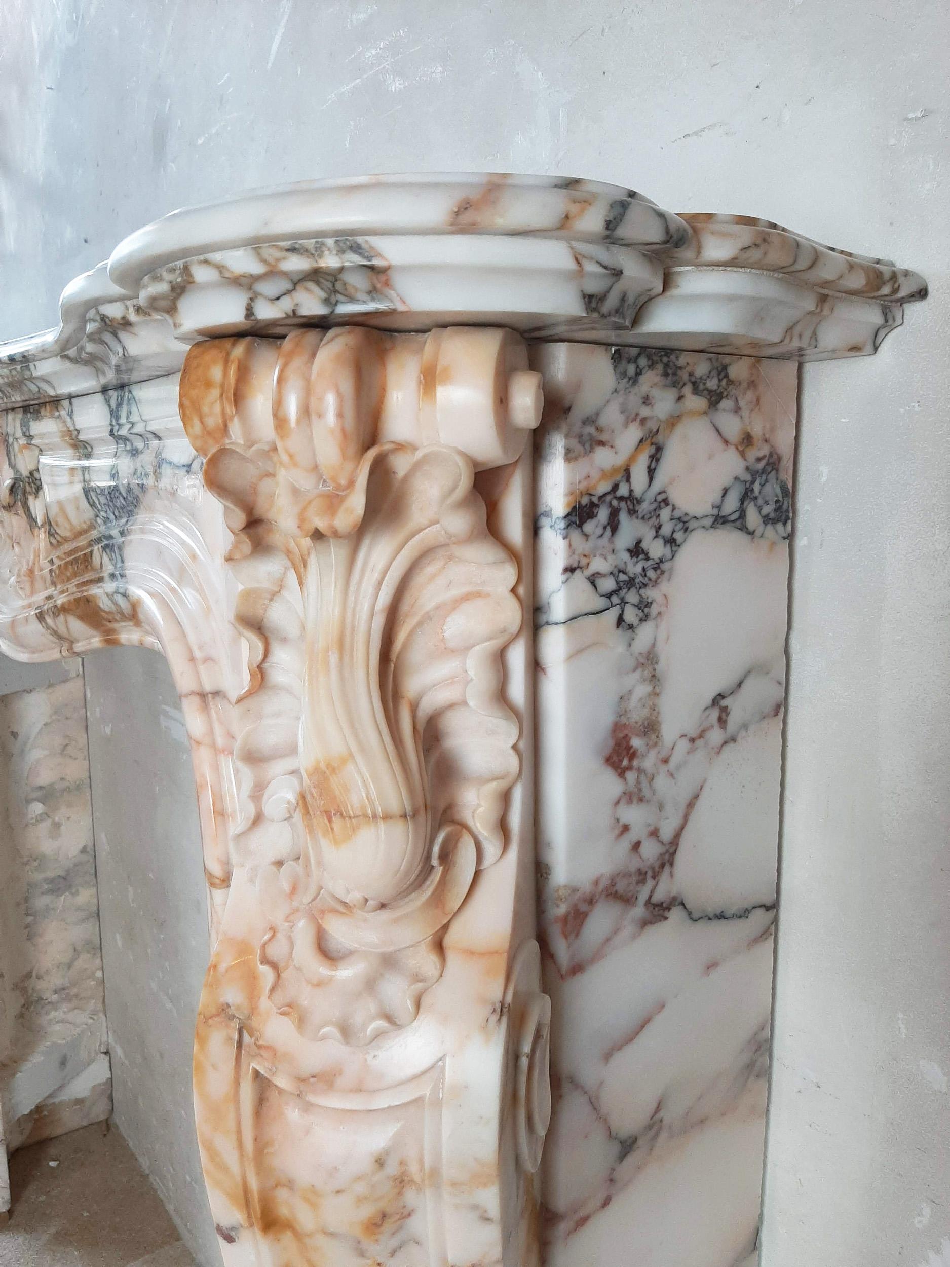 19th Century Antique French Marble Trois Coquilles Fireplace in Pink, Gray and Cognac Tones