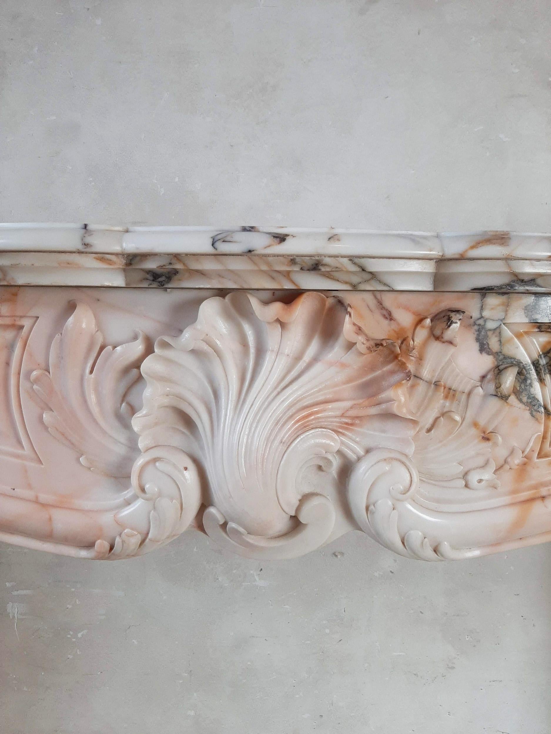 Antique French Marble Trois Coquilles Fireplace in Pink, Gray and Cognac Tones 2