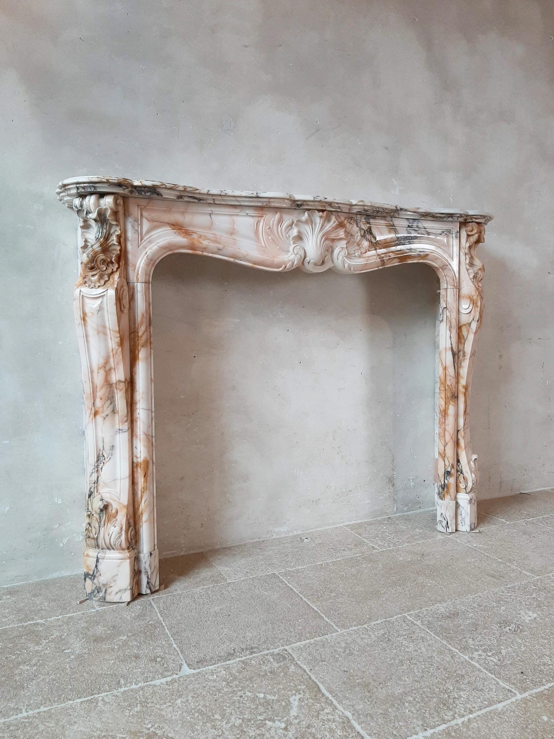 Antique French Marble Trois Coquilles Fireplace in Pink, Gray and Cognac Tones 3