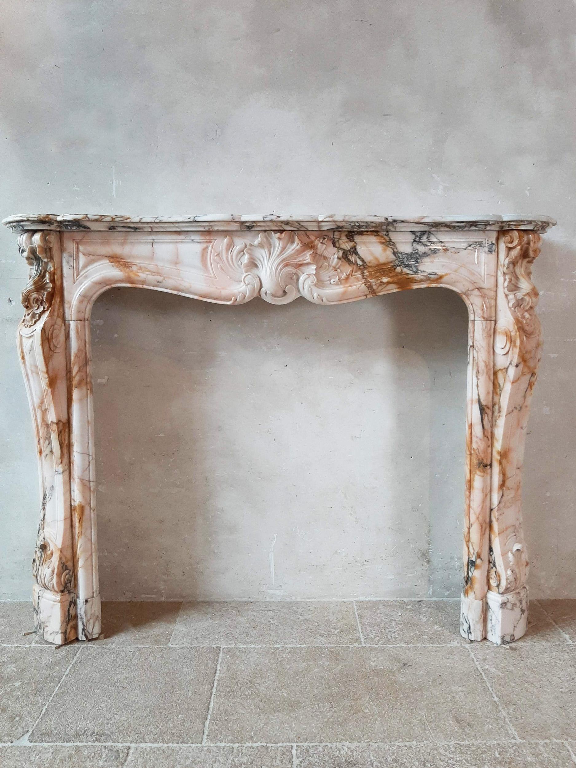 Antique French Marble Trois Coquilles Fireplace in Pink, Gray and Cognac Tones 4