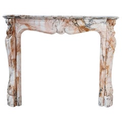 Antique French Marble Trois Coquilles Fireplace in Pink, Gray and Cognac Tones