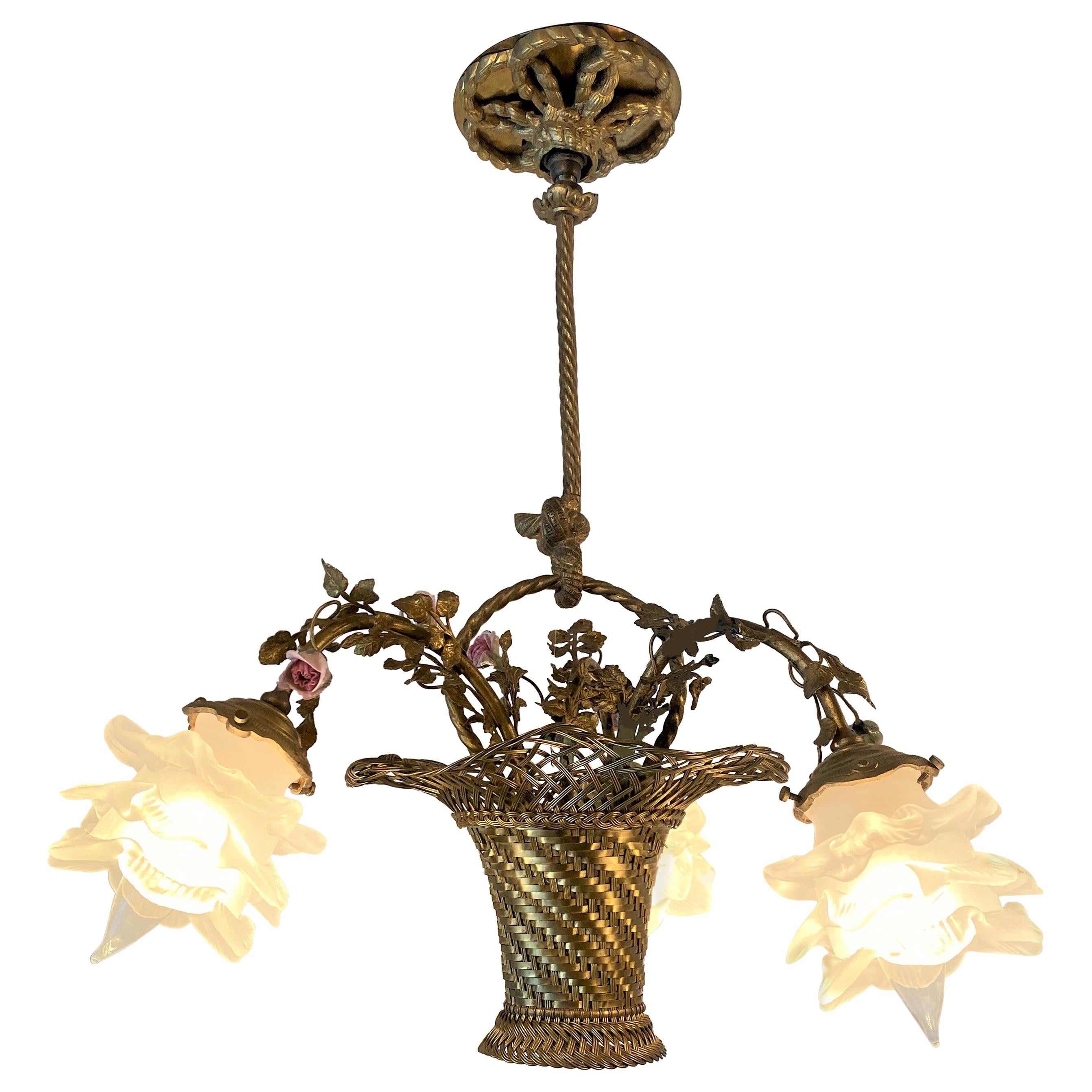 Antique French Marie Antoinette Gold Bronze and Porcelain Basket Chandelier 1880 For Sale